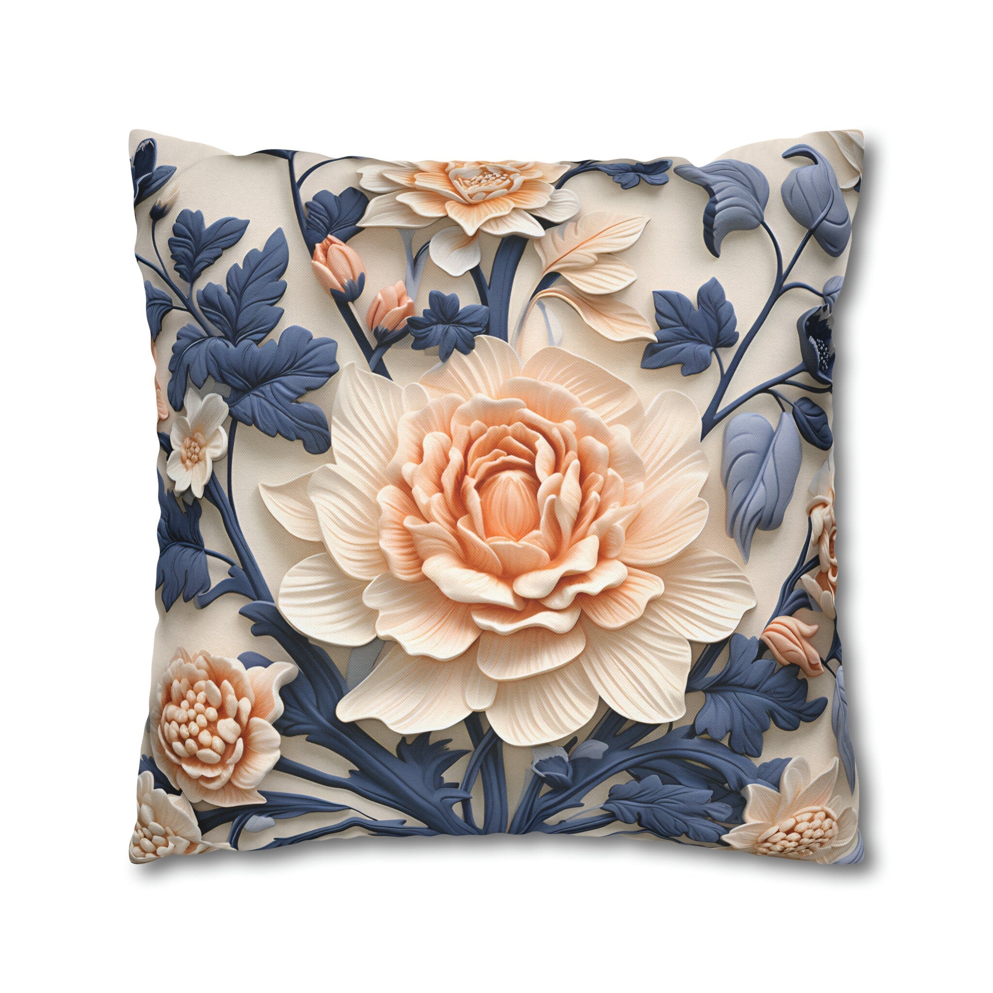 Chinoiserie Floral Pillow Cover: Peach Flower, Dark Blue Botanicals