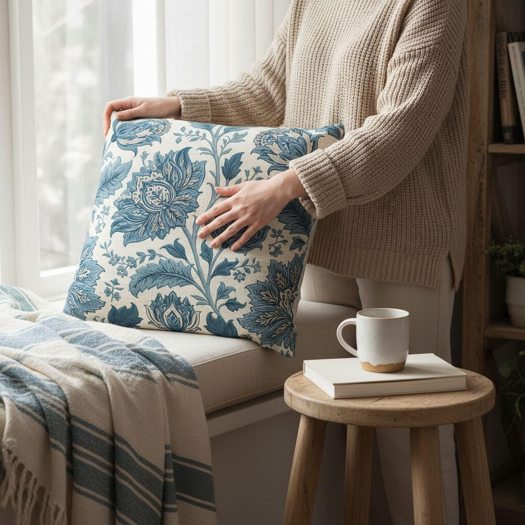 Blue Country Farmhouse Pillow Cover: William Morris Inspired Toile Floral Accent