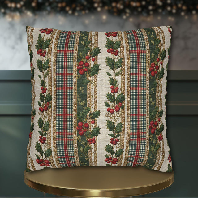Vintage Inspired Holly Plaid Christmas Pillow Cover: Red Green Holiday Decor