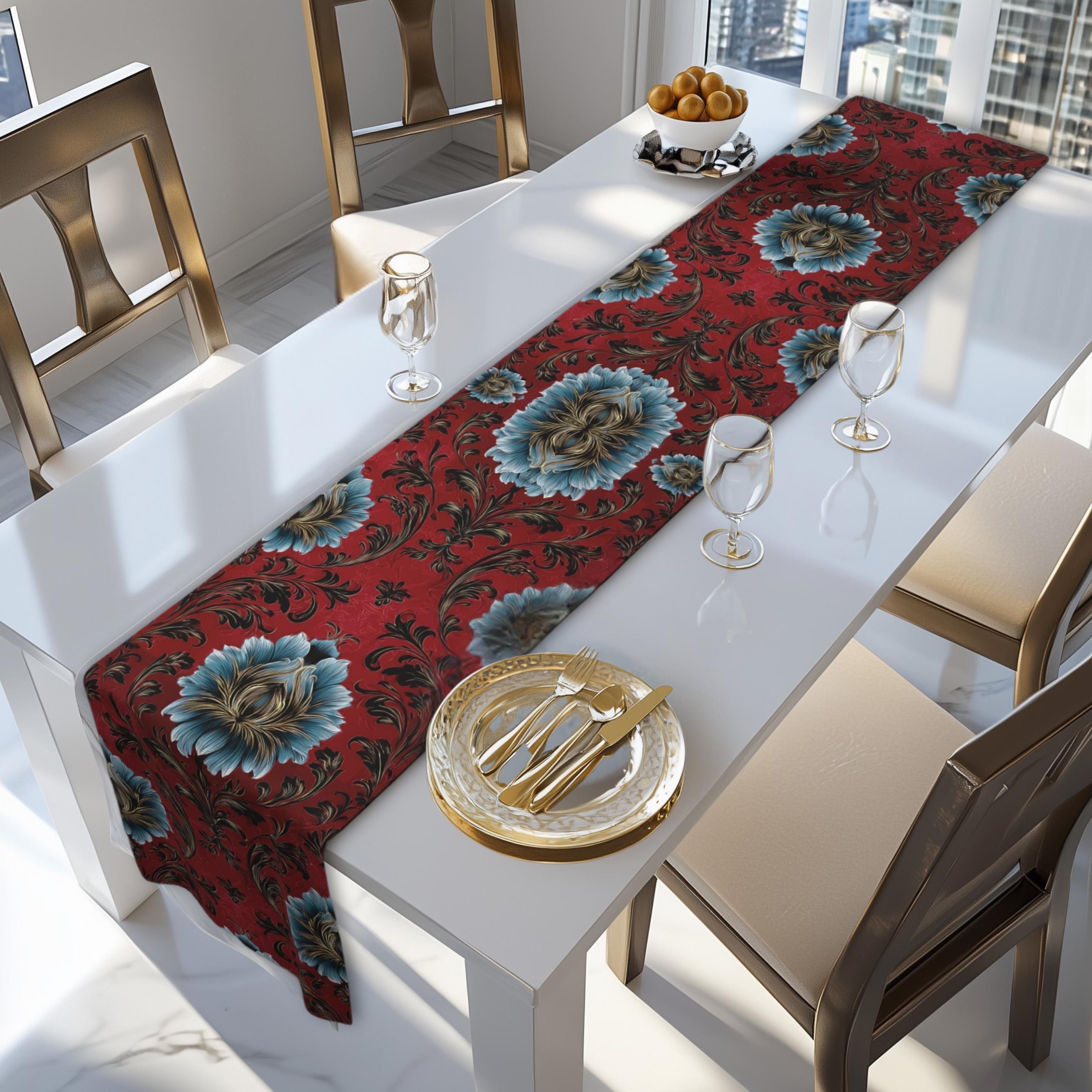 Quietly Patriotic Table Runner: Elegant Damask in Red, Cream and Blue