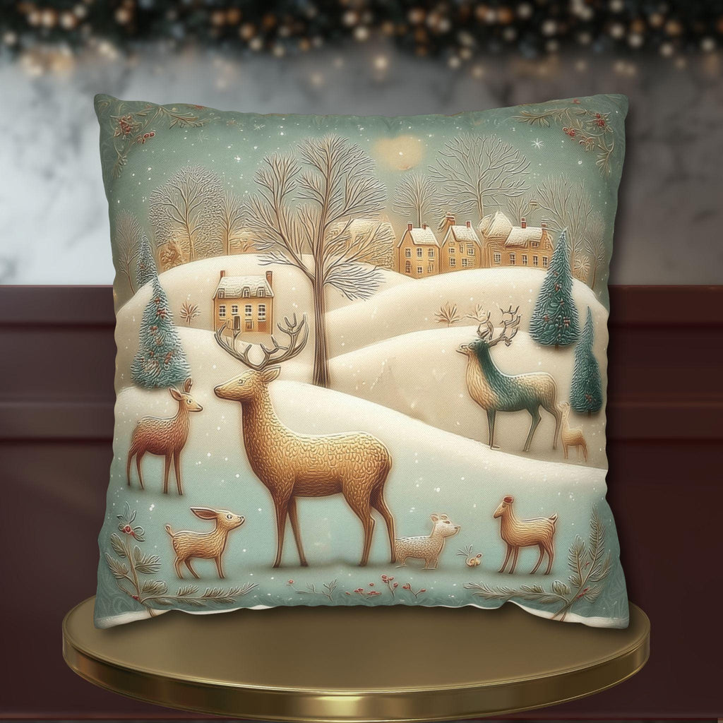 Whimsical Woodland Christmas Pillow Cover: Storybook Deer & Snowy Village