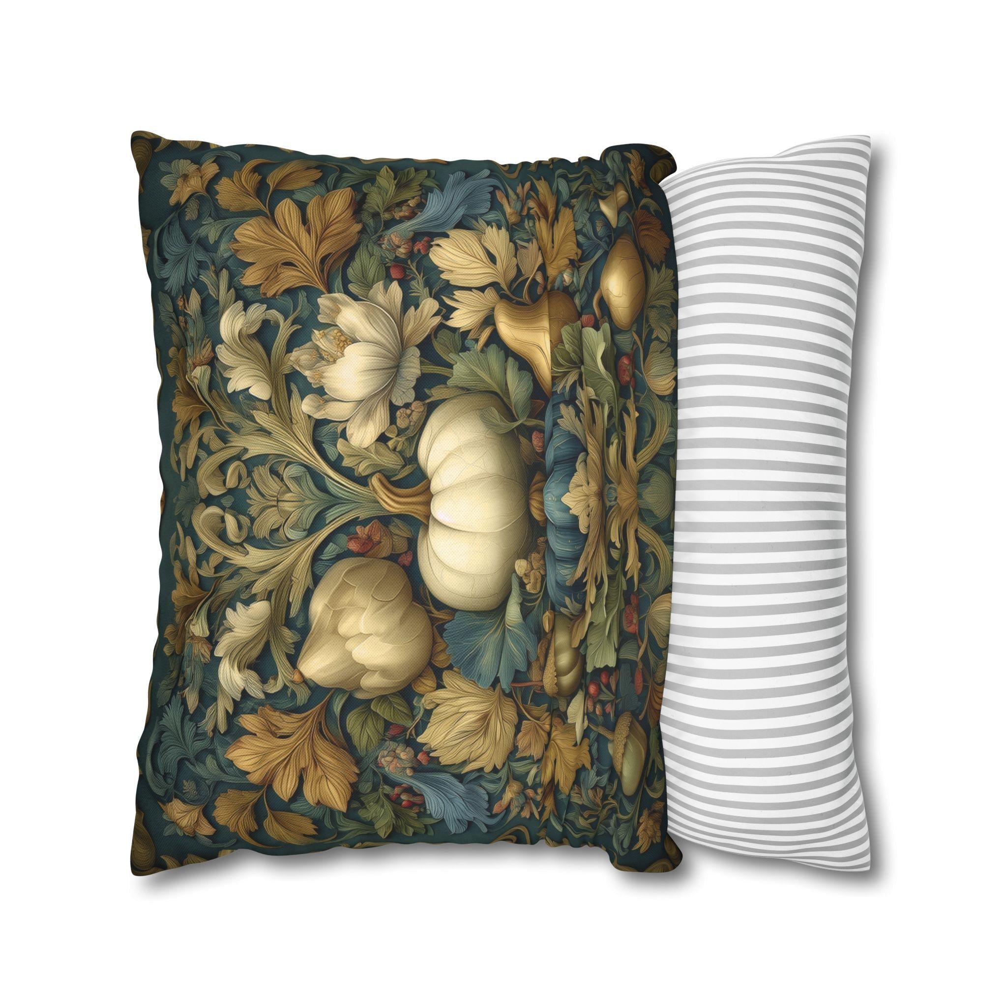 William Morris Inspired Autumn Pillow Cover: Teal, Gold, and Ivory Harvest Design