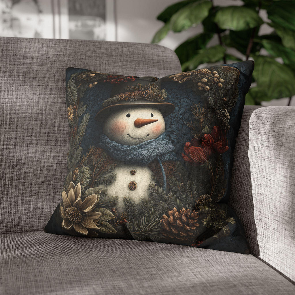 Winter Woodland Snowman Pillow Cover: William Morris Style with Pine, Florals & Vintage Charm