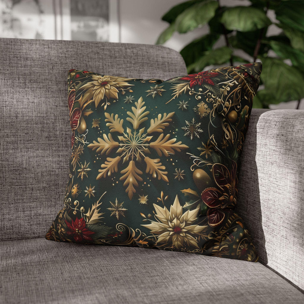 Victorian Snowflake Pillow Cover: Gold & Green with Red Poinsettias for Holiday Decor