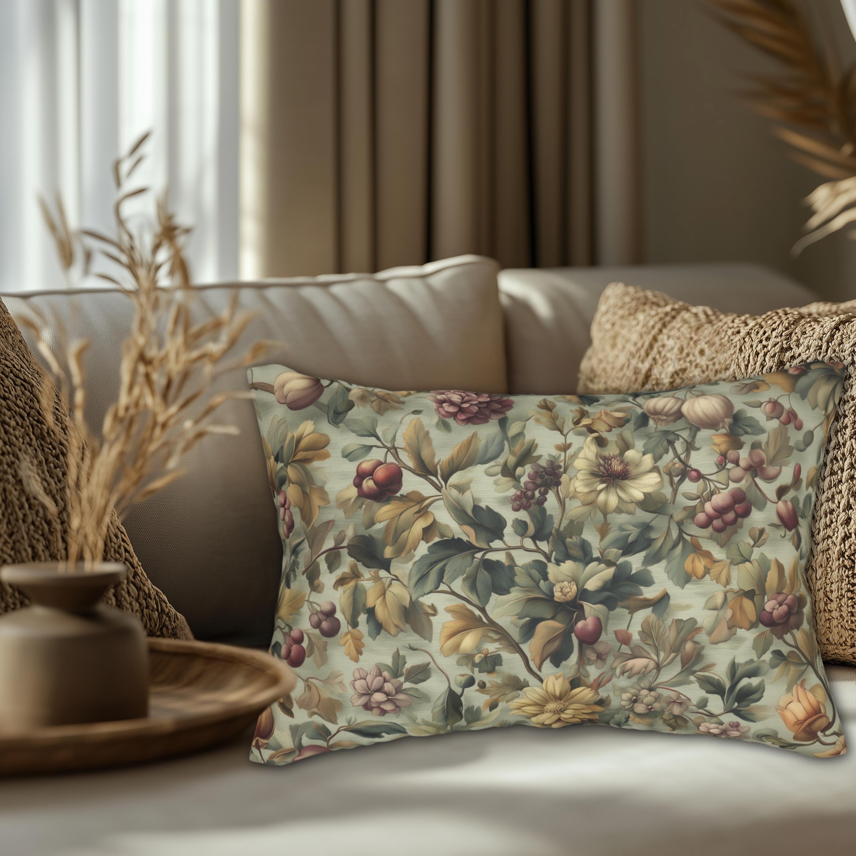 Vintage-Inspired Fall Botanical Lumbar Pillow: Sage, Wine, Wheat Hues for Cozy Home Decor