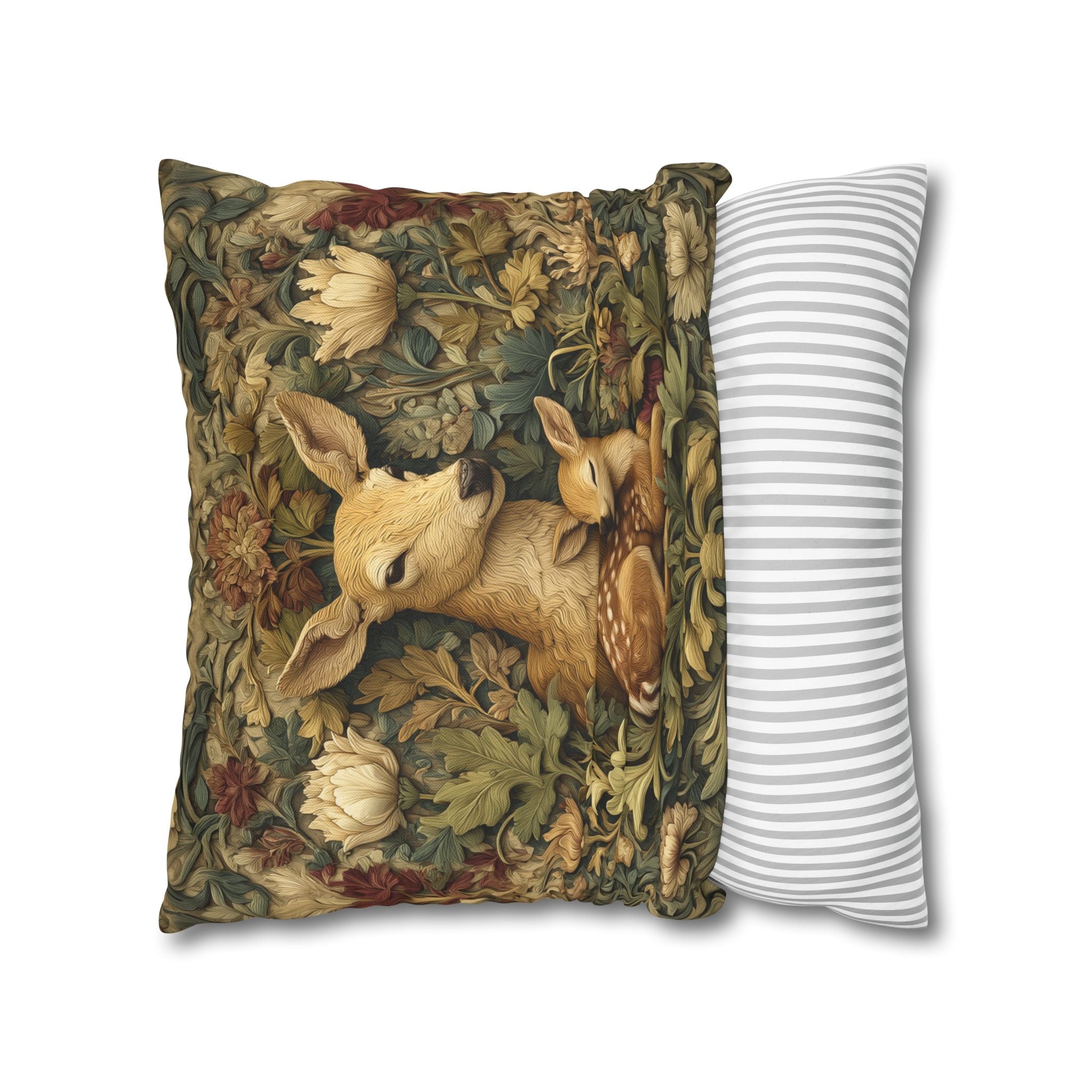 William Morris Inspired Pillow Cover:   Woodland Botanical Doe and Fawn