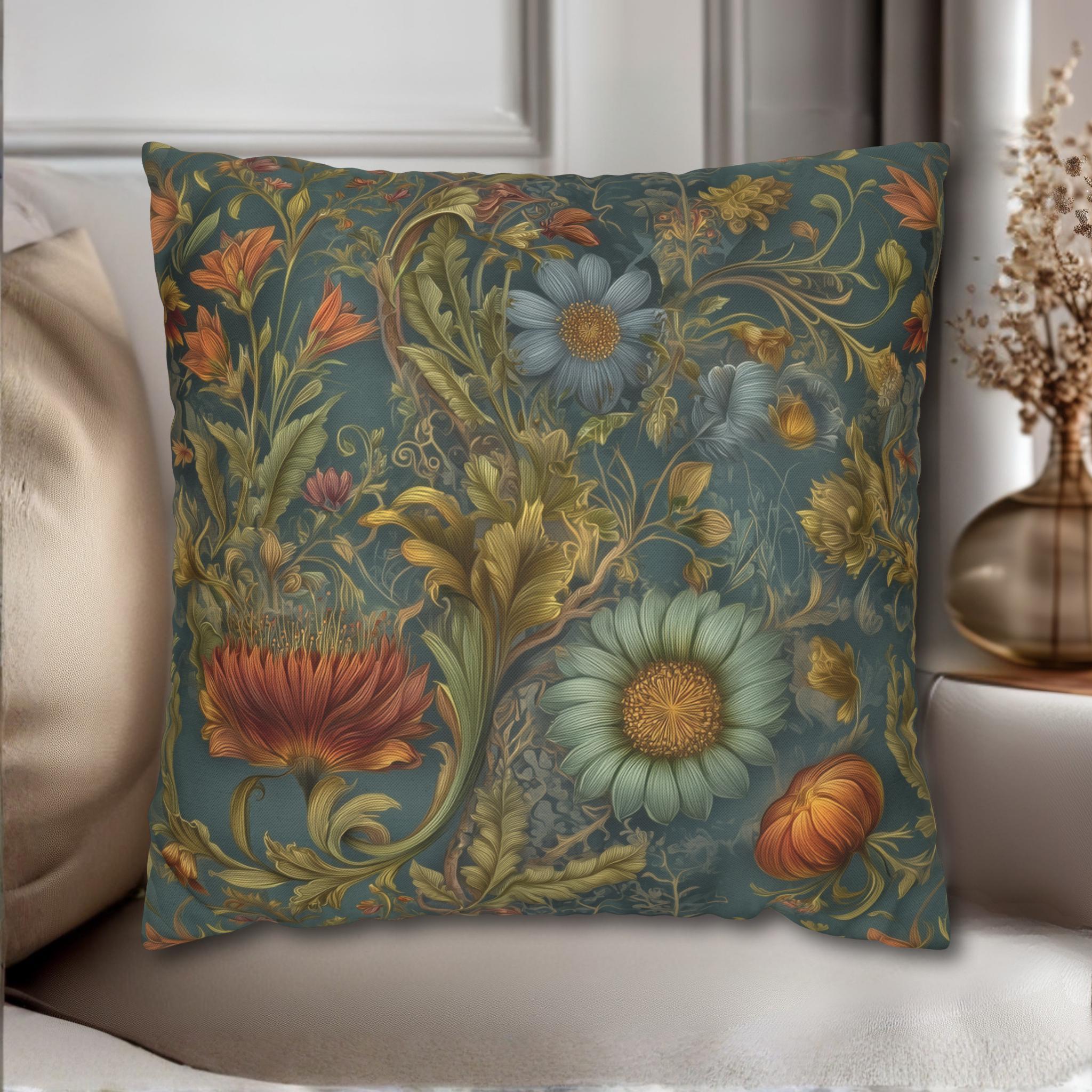 William Morris Inspired Throw Pillow Cover: Moody Teal Botanical Floral