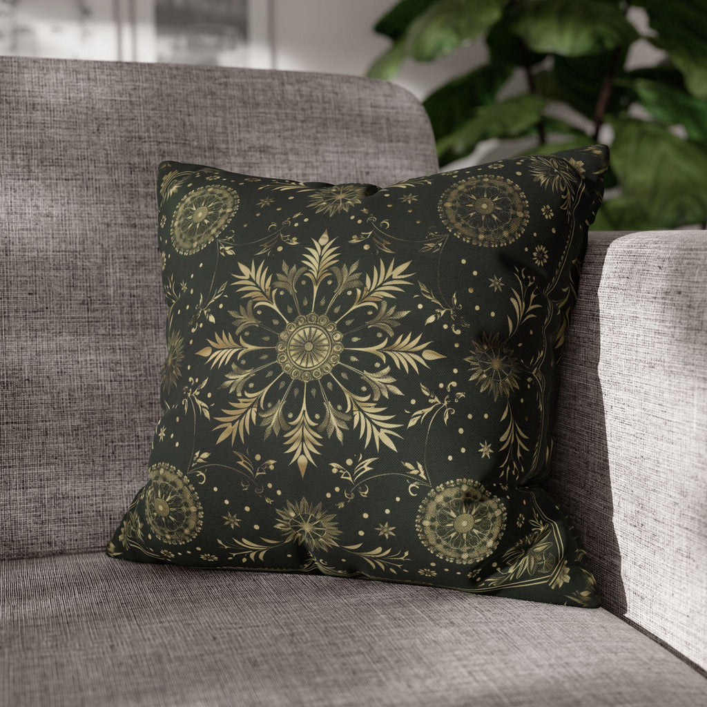 Elegant Dark Emerald Green Christmas Pillow Cover with Golden Snowflakes: Luxurious Holiday Decor