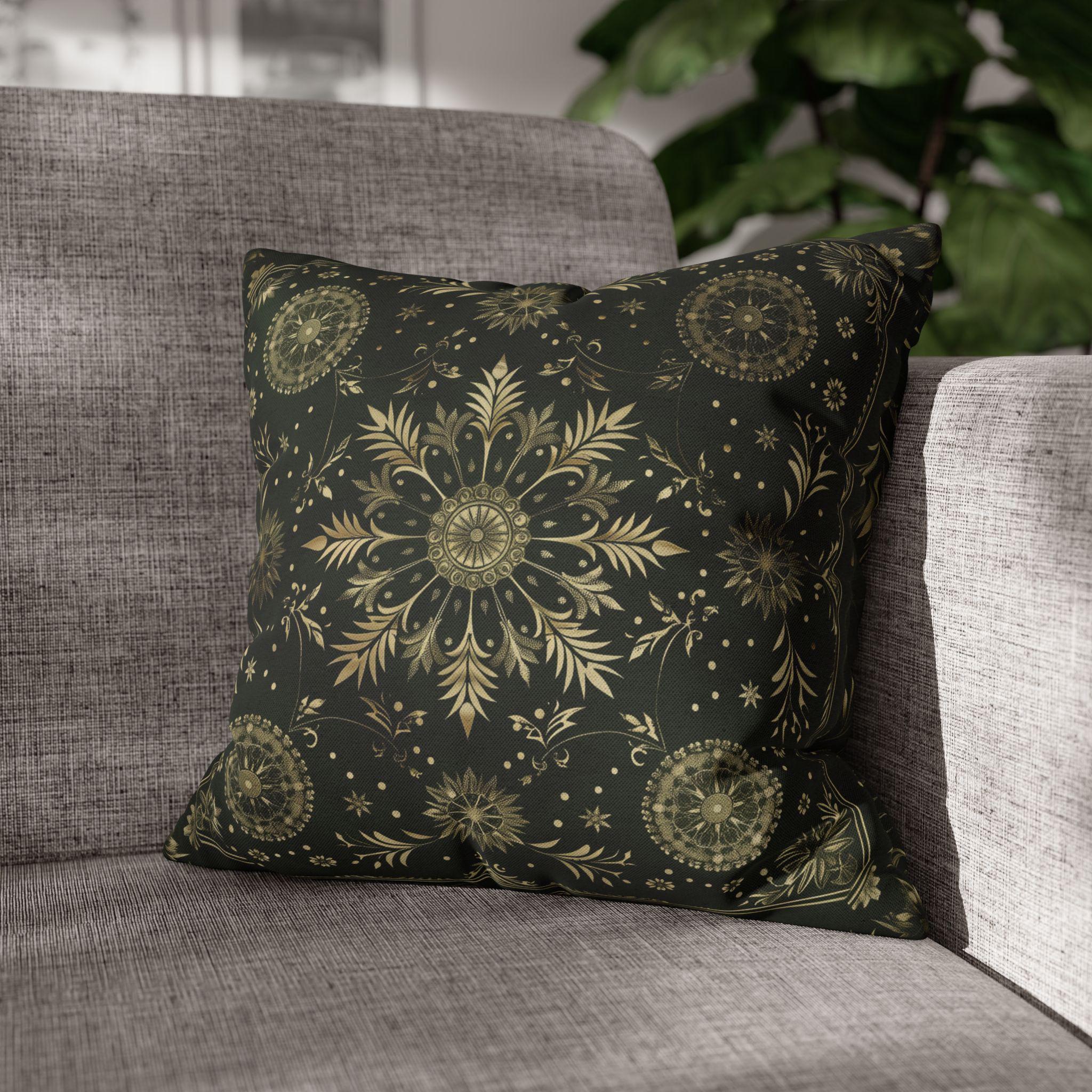 Elegant Dark Emerald Green Christmas Pillow Cover with Golden Snowflakes: Luxurious Holiday Decor
