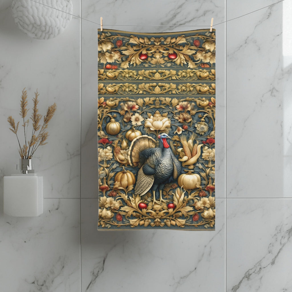 William Morris Autumn Hand Towel: Botanical Thanksgiving Turkey Decor, Grey-Blue and Gold