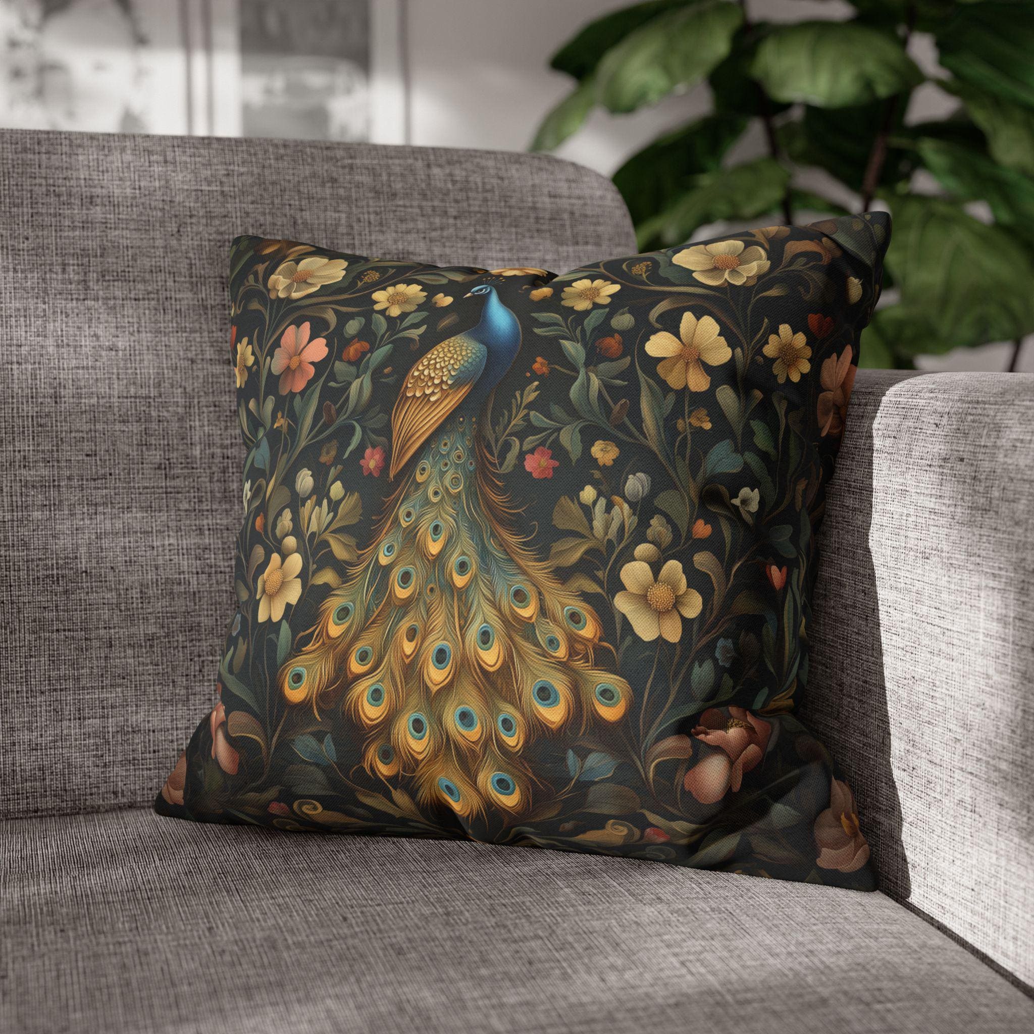 William Morris Inspired Peacock Pillow Cover: Teal-Blue Gold Floral, on a Charcoal Backdrop