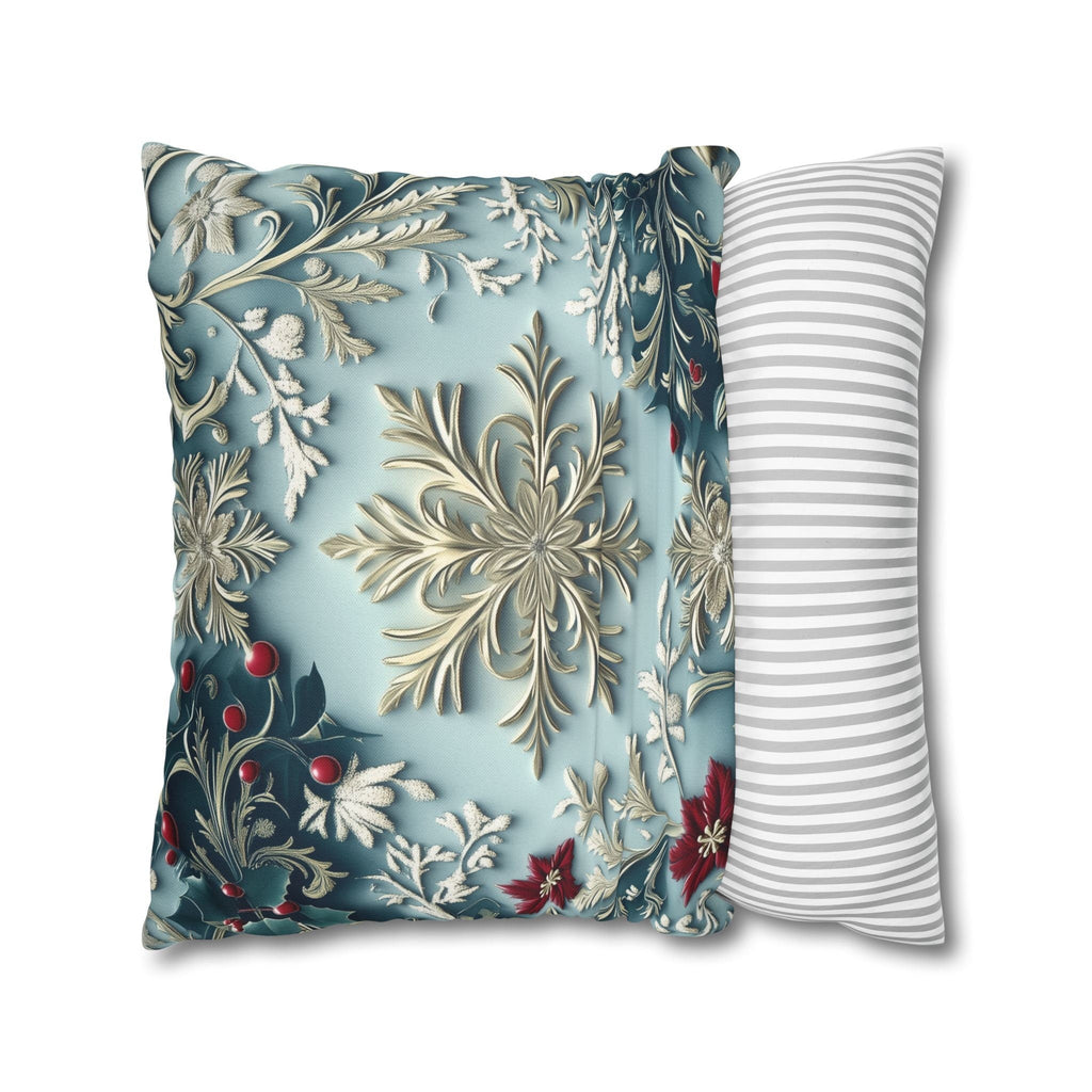 Blue Christmas Pillow Cover Elegant Chinoiserie Inspired Snowflake and Holly Design Light Blue Background