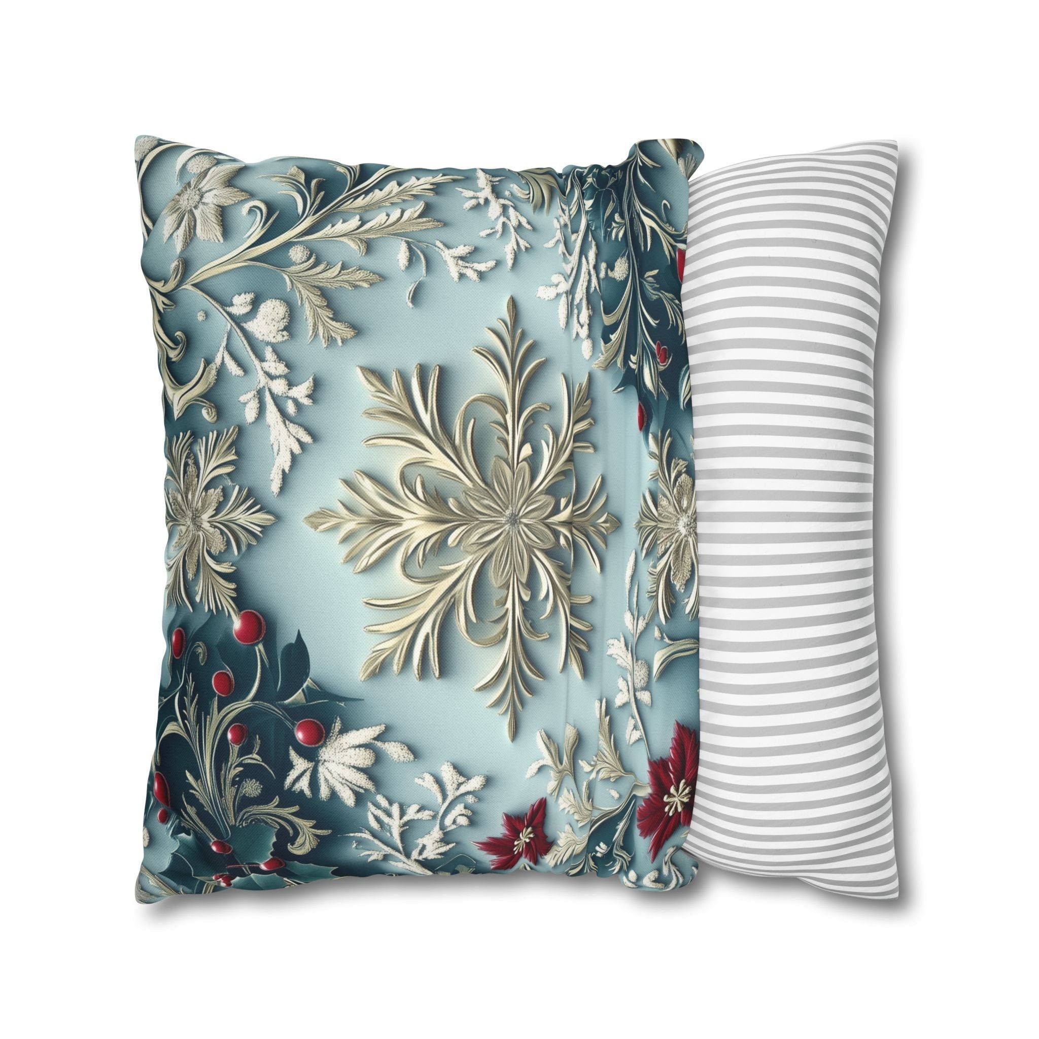 Blue Christmas Pillow Cover Elegant Chinoiserie Inspired Snowflake and Holly Design Light Blue Background