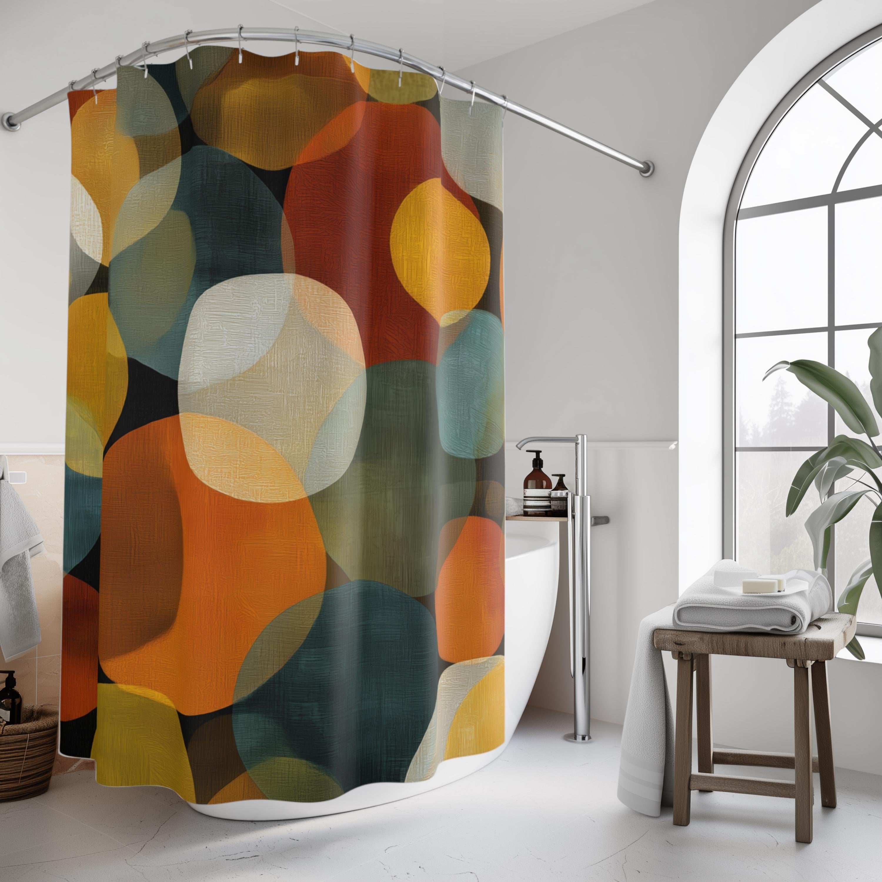 Retro Fabric Shower Curtain: Earthy Mid-Century Modern Design