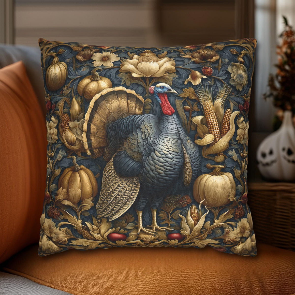 William Morris Autumn Pillow Cover: Botanical Thanksgiving Turkey Decor, Grey-Blue and Gold