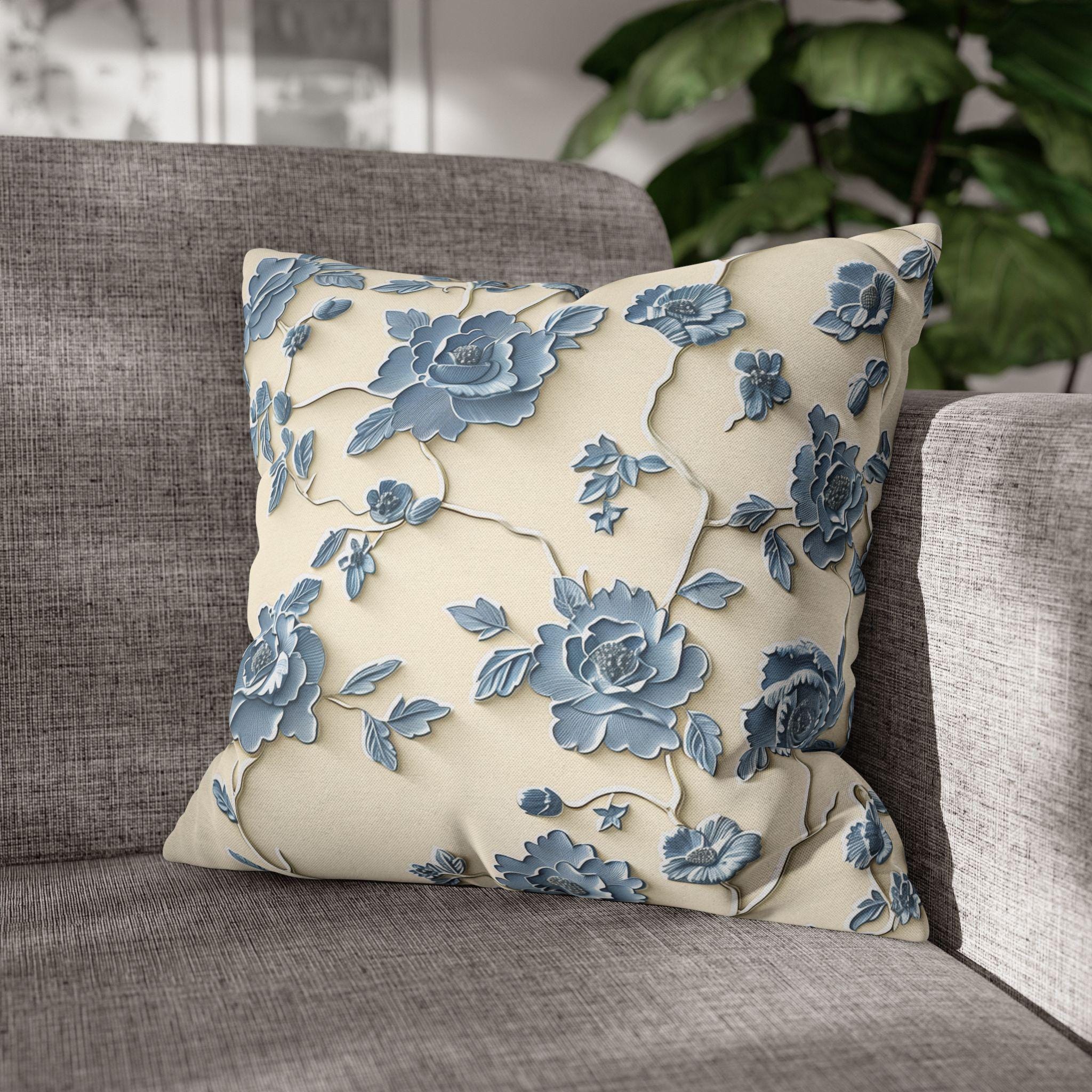 Chinoiserie Pillow Cover: Blue Peony Floral Design
