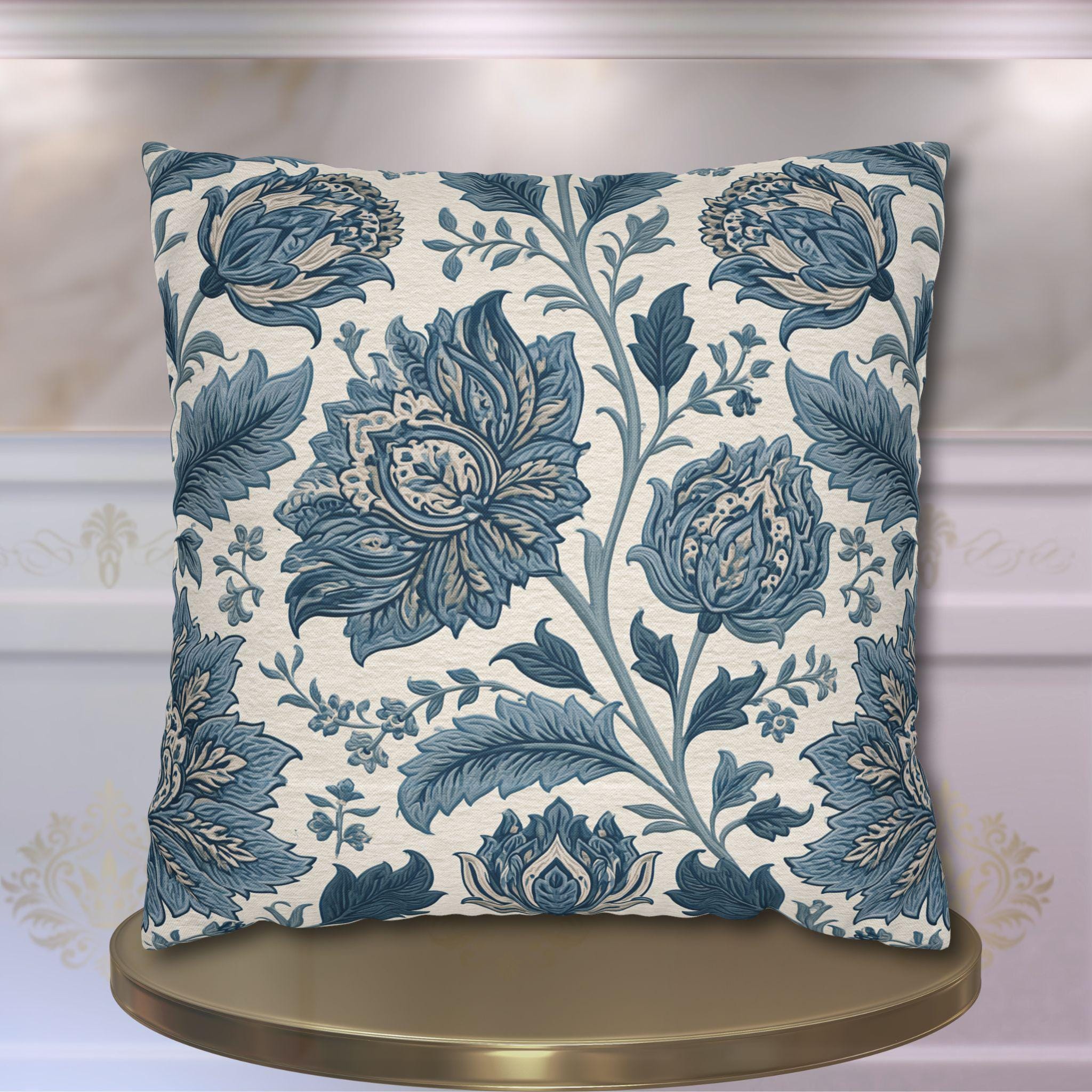 Blue Country Farmhouse Pillow Cover: William Morris Inspired Toile Floral Accent