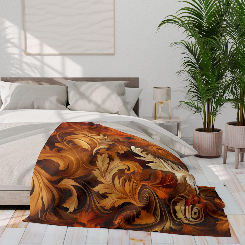 Autumnal Foliage Fleece Blanket: Ornate Swirling Leaves, Cozy Home Decor