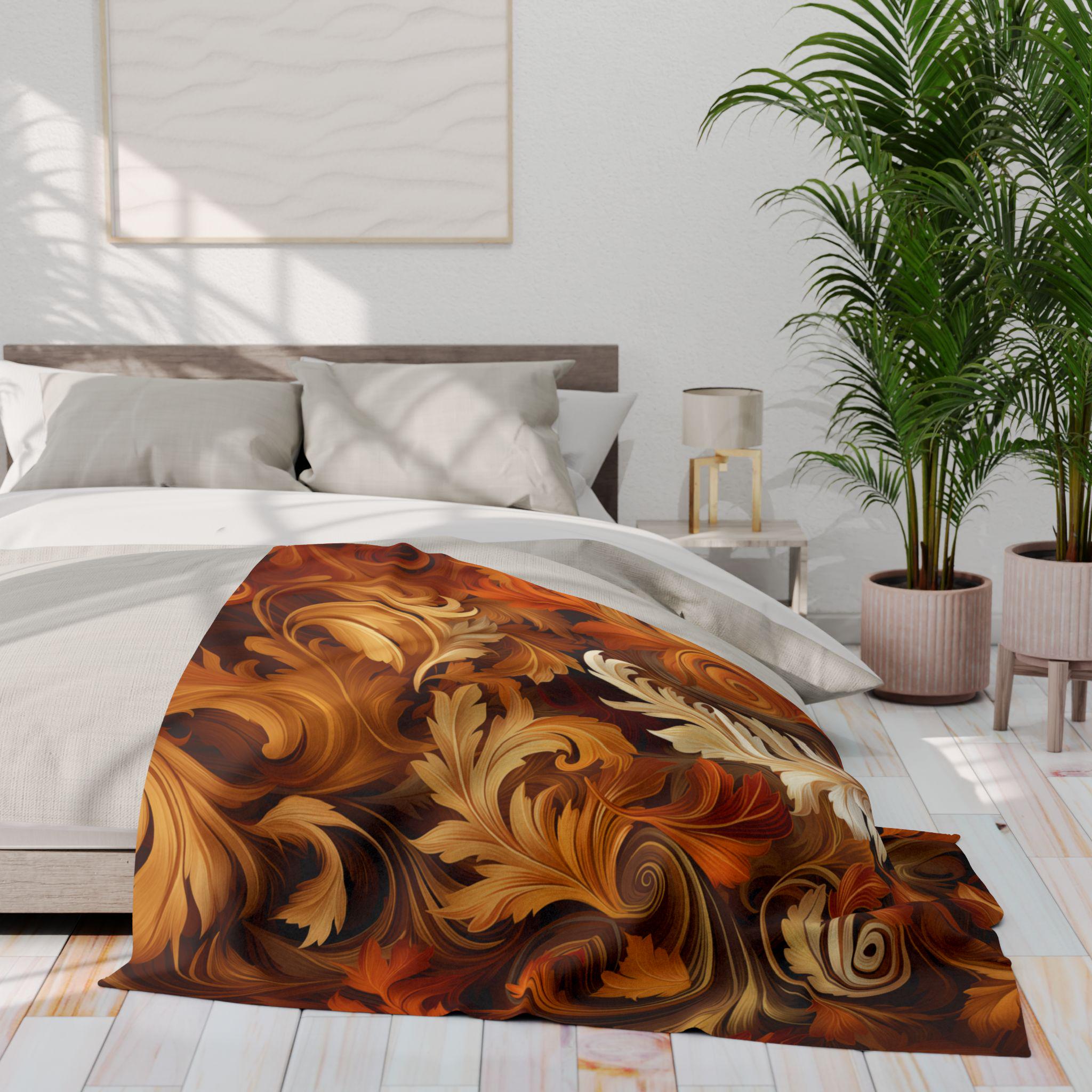 Autumnal Foliage Fleece Blanket: Ornate Swirling Leaves, Cozy Home Decor