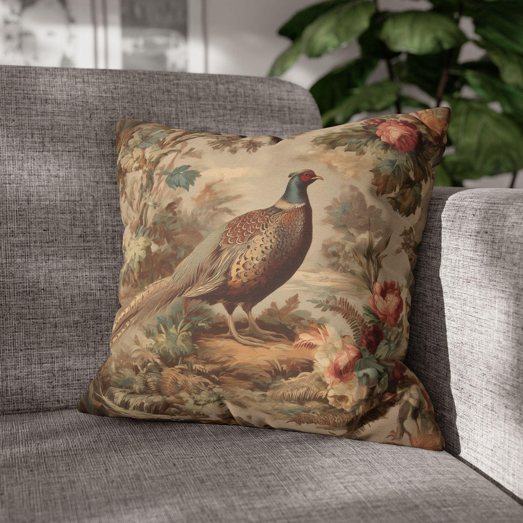 French Country Pheasant Throw Pillow Cover: Vintage Style Toile Bird Design