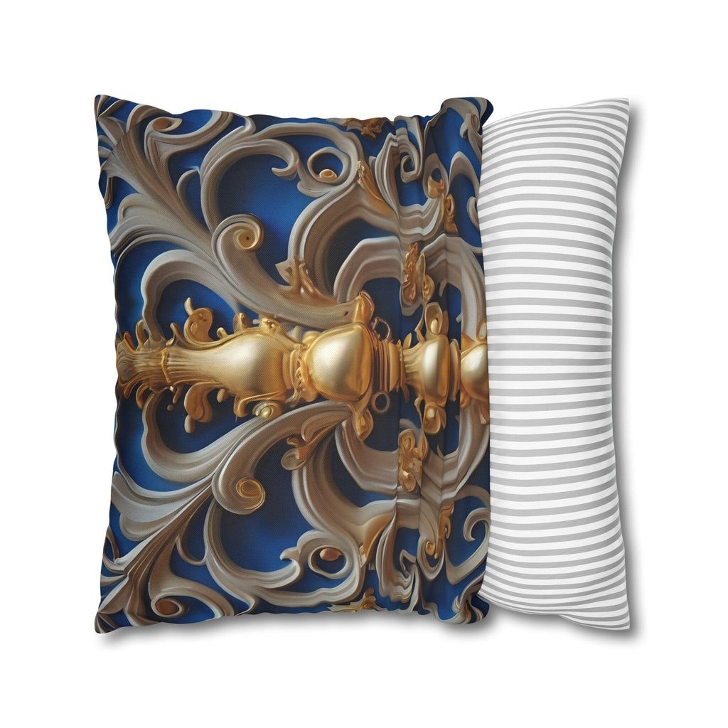 Opulent Baroque-Inspired Blue & Gold Throw Pillow Cover: Luxurious Ornate Symmetrical Design Cushion