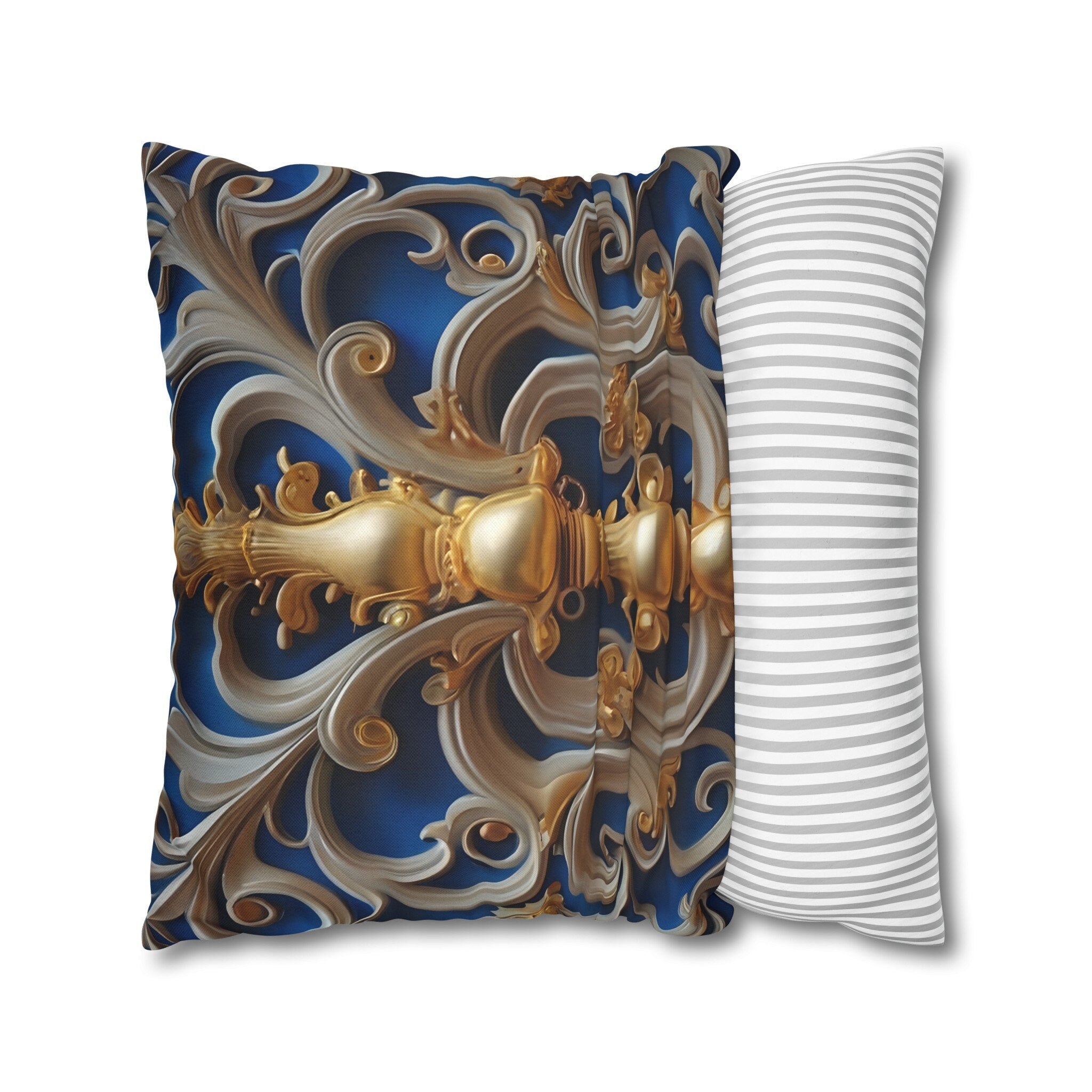 Opulent Baroque-Inspired Blue & Gold Throw Pillow Cover: Luxurious Ornate Symmetrical Design Cushion