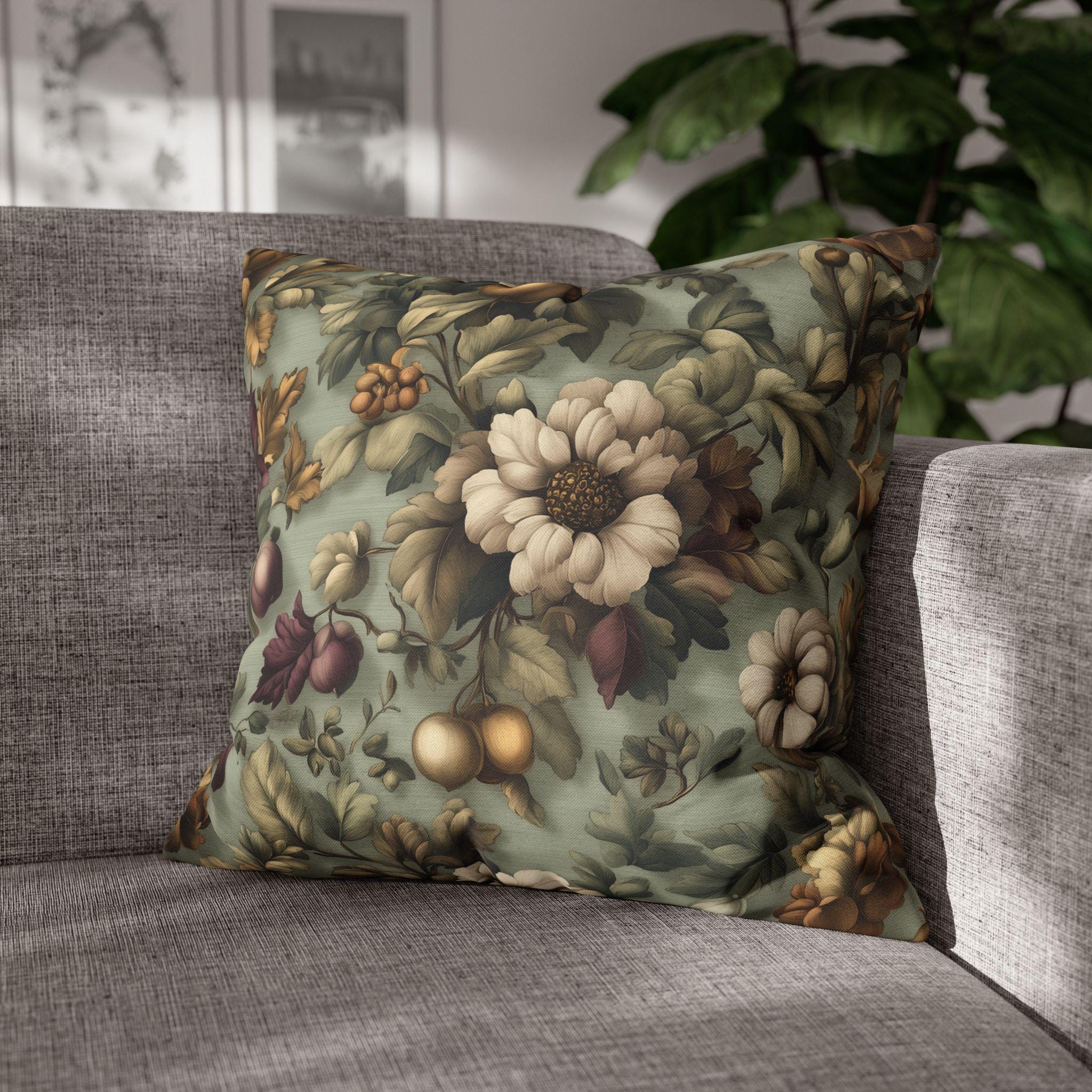William Morris Inspired Autumn Garden Pillow Cover: Seafoam, Taupe, Merlot Floral Elegance
