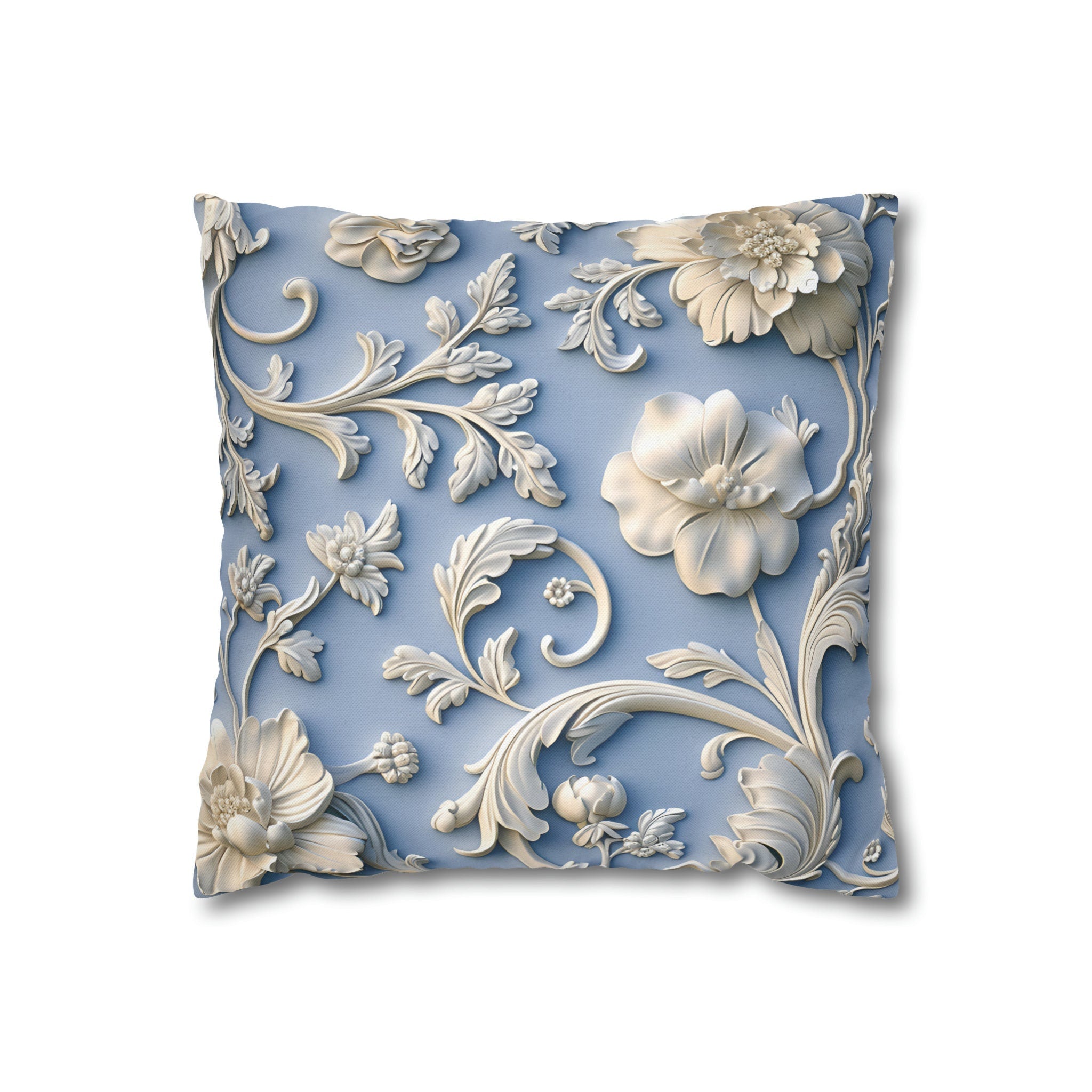Elegant Chinoiserie Floral Pillow Cover: Soft White & Grey on Powder Blue, Timeless Asian-Inspired Decor