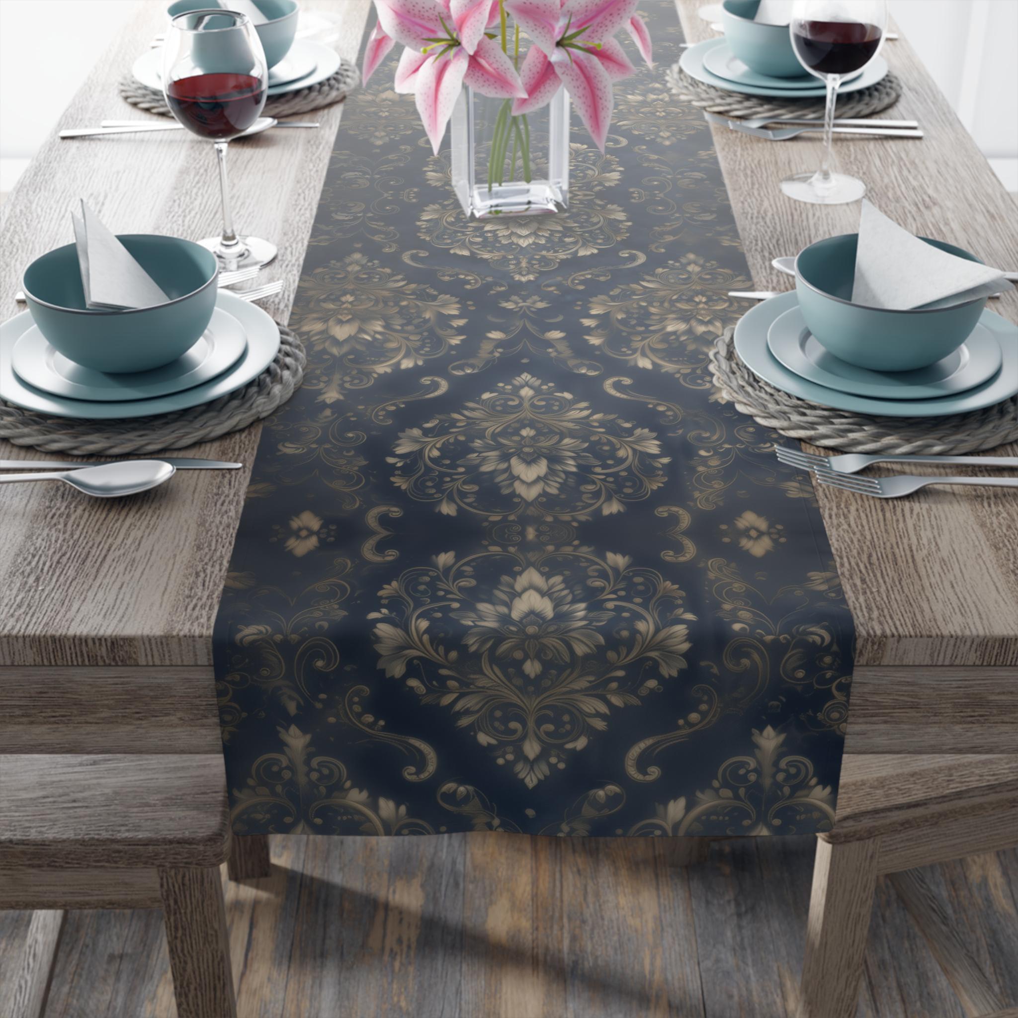 Elegant Baroque Navy & Gold Damask Table Runner: Vintage-Inspired Dining Room Accent