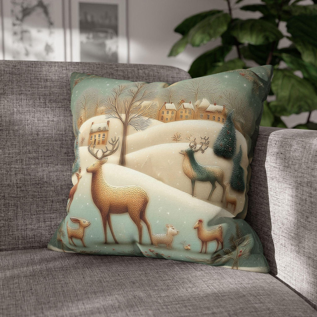 Whimsical Woodland Christmas Pillow Cover: Storybook Deer & Snowy Village