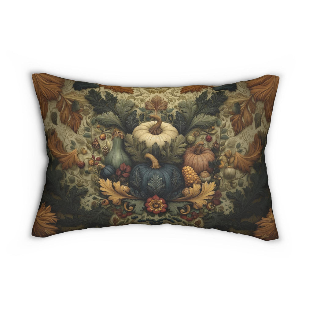 William Morris Inspired Autumn Harvest Tapestry Lumbar Pillow: Deep Teal with Ivory Blue & Gold
