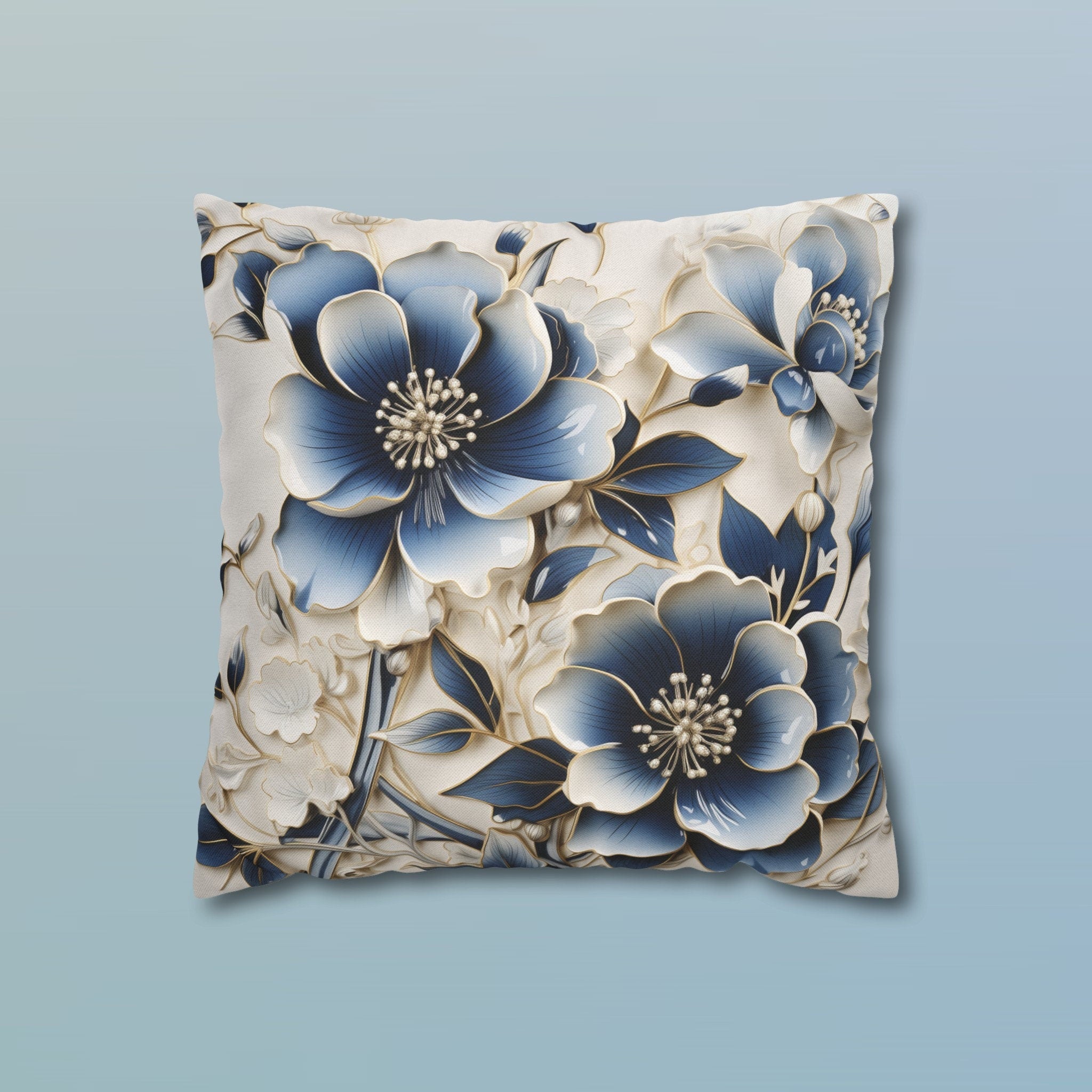 Elegant Chinoiserie Floral Pillow Cover: Blue & Off-White Eastern Motif Cushion for Home Decor