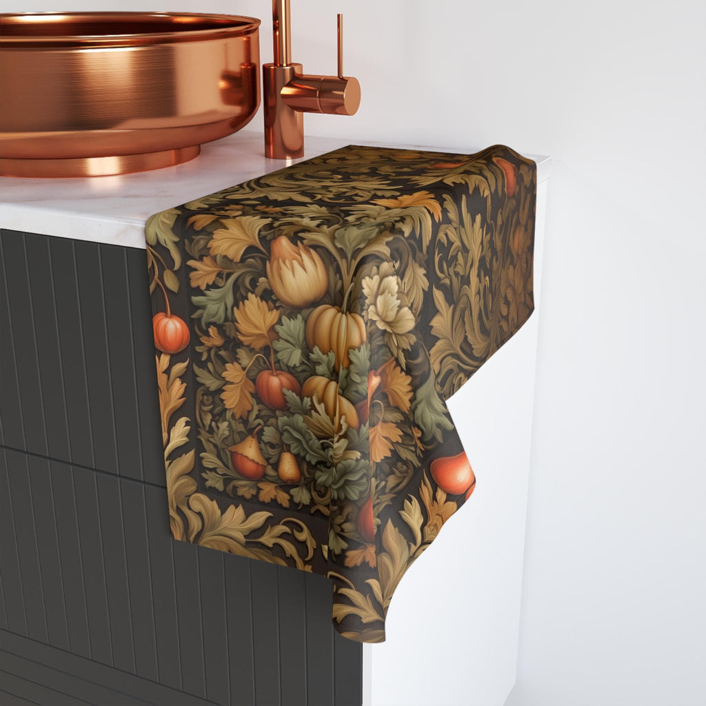William Morris Inspired Autumn Harvest Tea Towel: Charcoal Amber Olive