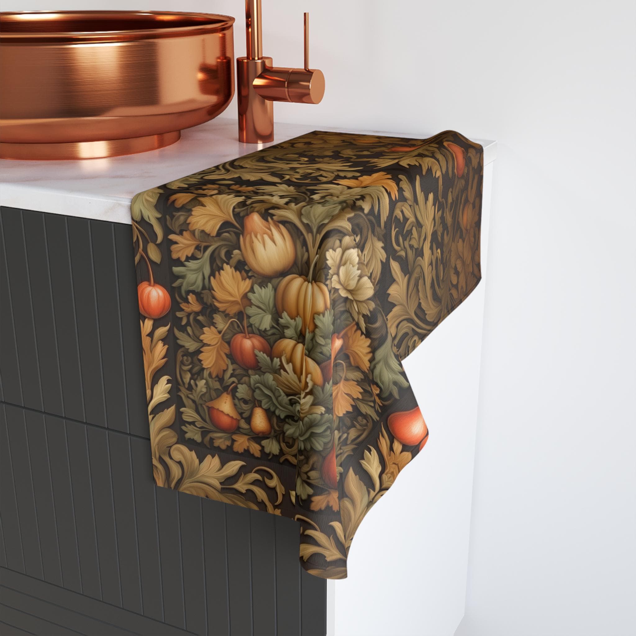 William Morris Inspired Autumn Harvest Tea Towel: Charcoal Amber Olive