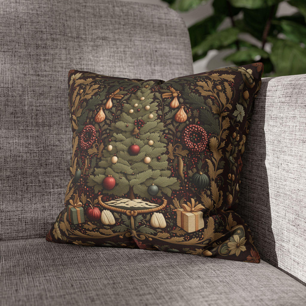William Morris Christmas Tree Pillow Cover: Burgundy Holiday Tapestry Look
