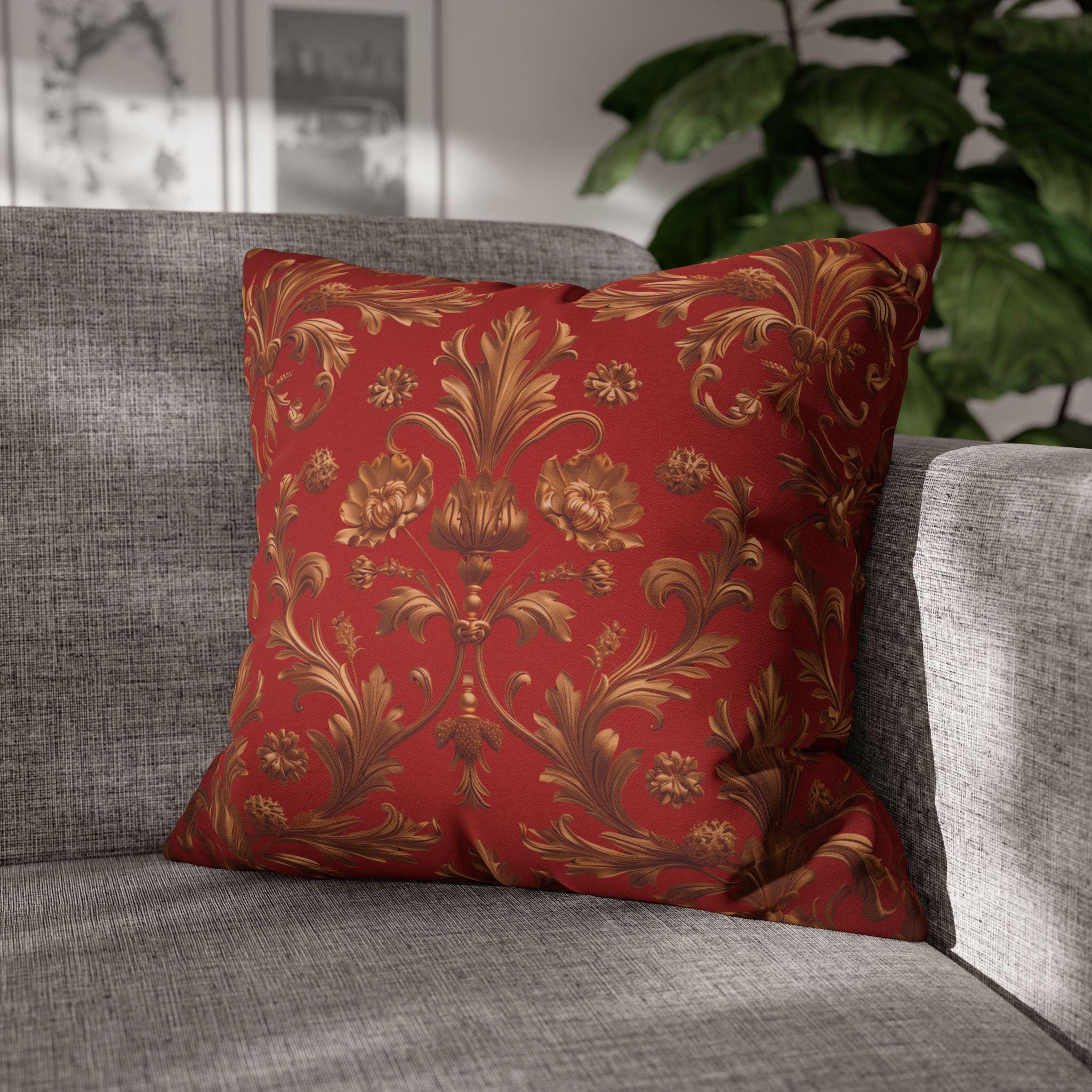 Baroque Floral Christmas Pillowcase: Rich Red, Antique Gold Spun Polyester Square Throw Pillow Cover