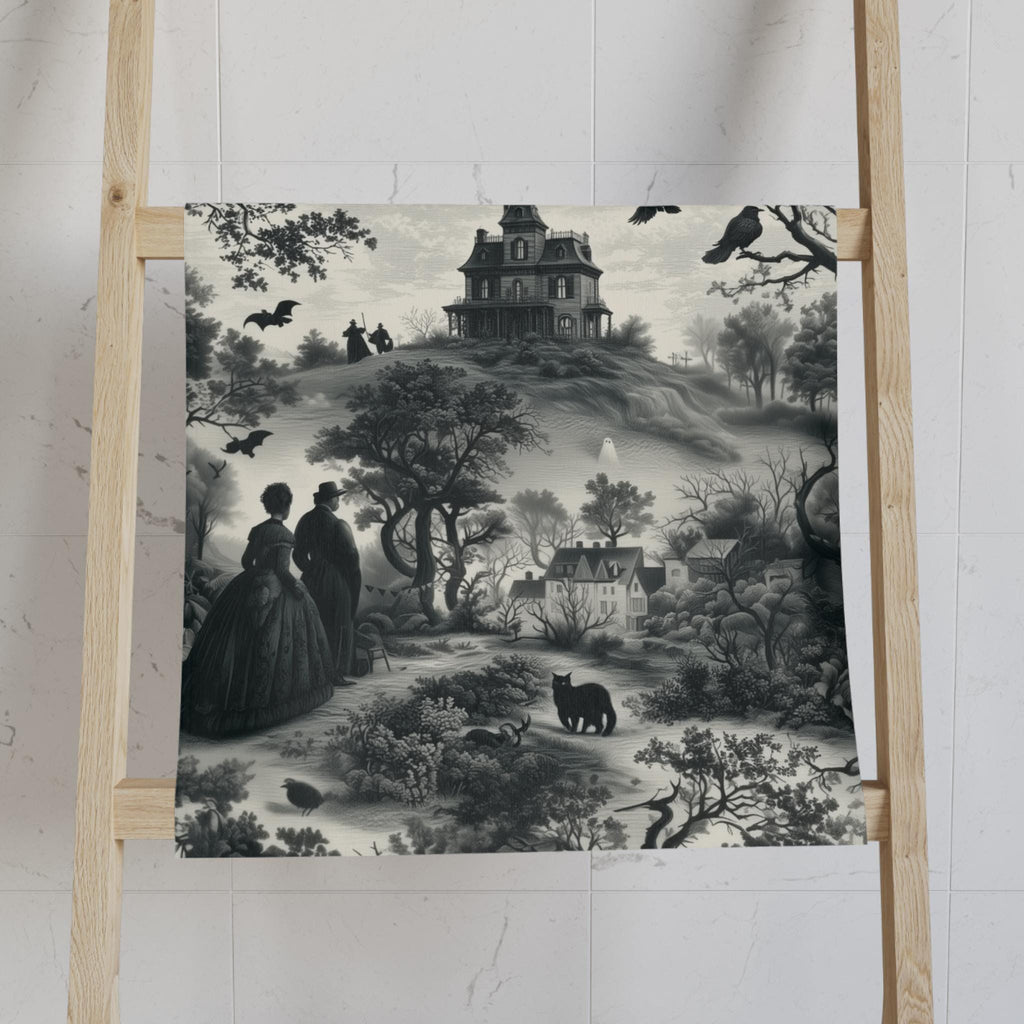 Halloween Toile Hand Towel: Haunted House, Crows and Black Cat in Monochrome