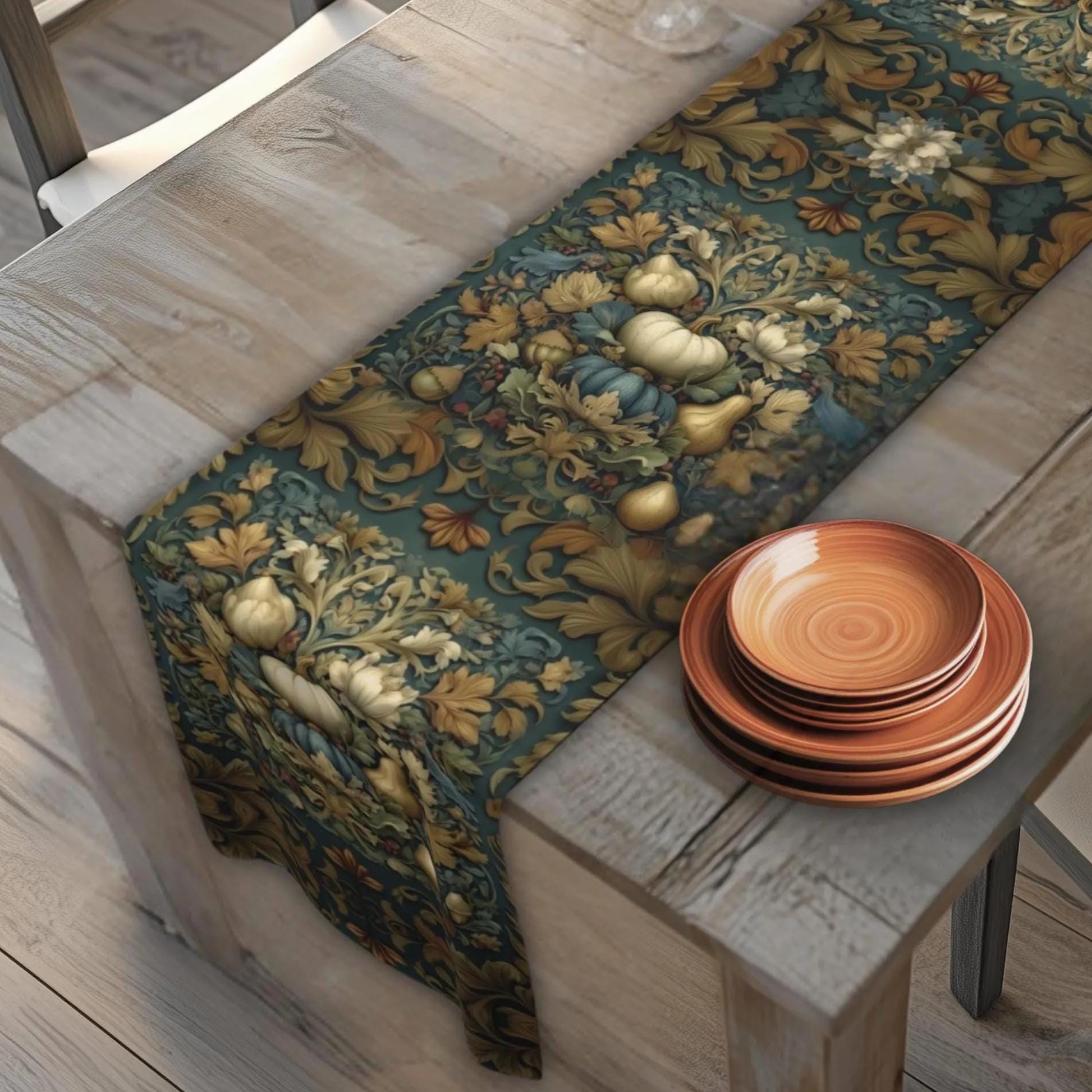 William Morris Inspired Autumn Table Runner: Teal, Gold, and Ivory Harvest Design