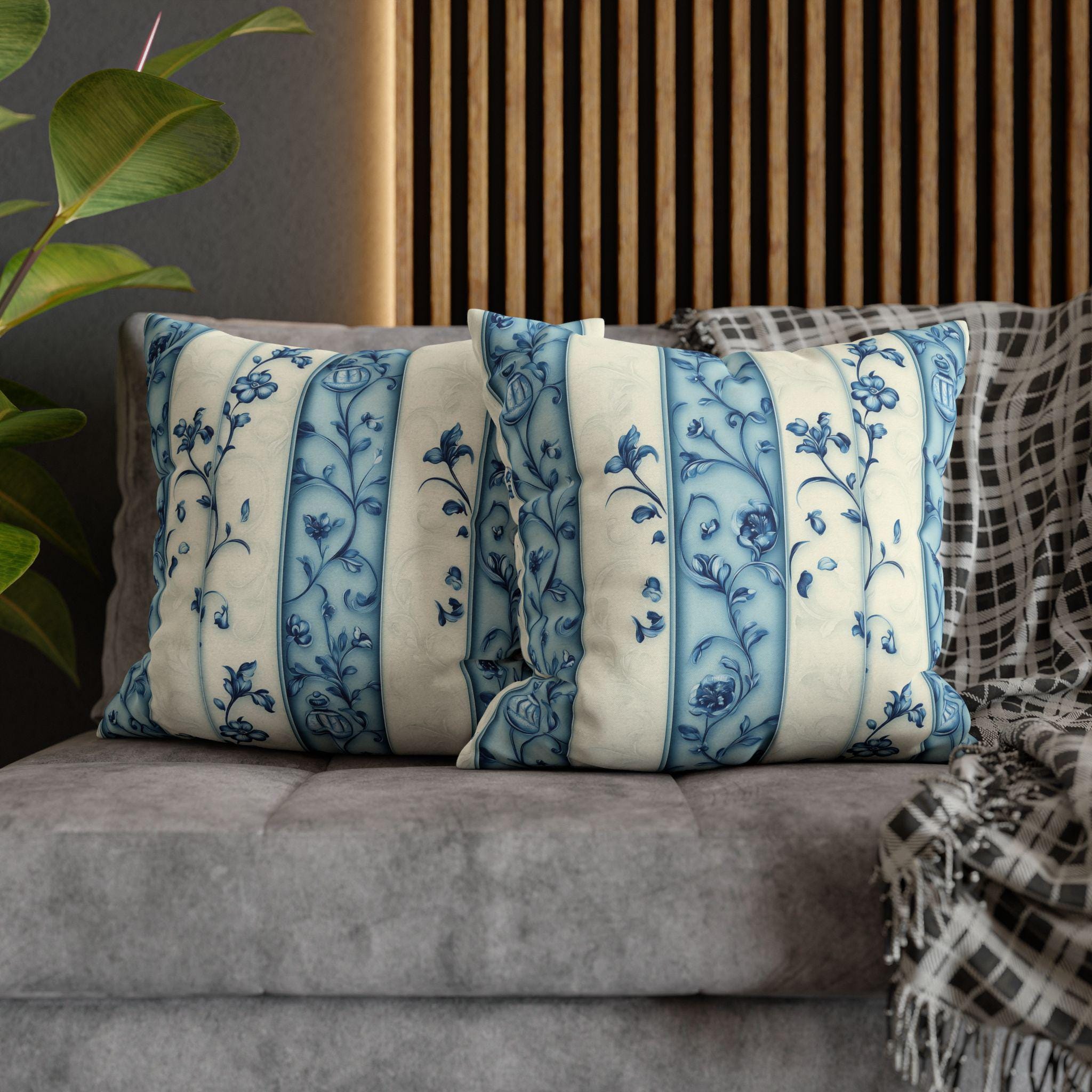 Elegant Blue & White Chinoiserie Floral Stripe Pillowcase: French-Inspired Square Cushion Cover