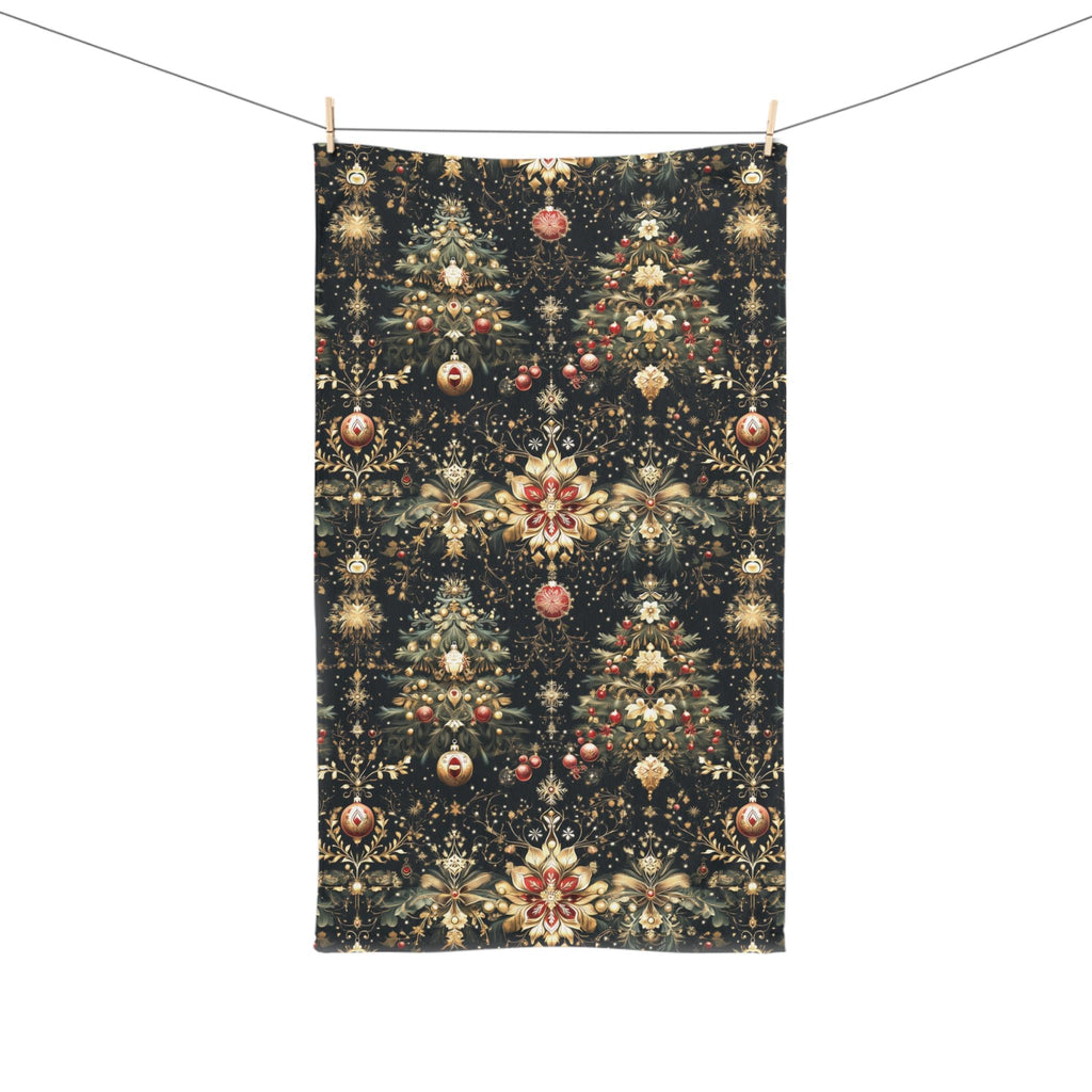 Christmas Tree Hand Towel: Luxe Gold Red & Green on Deep Charcoal Holiday Bath Decor