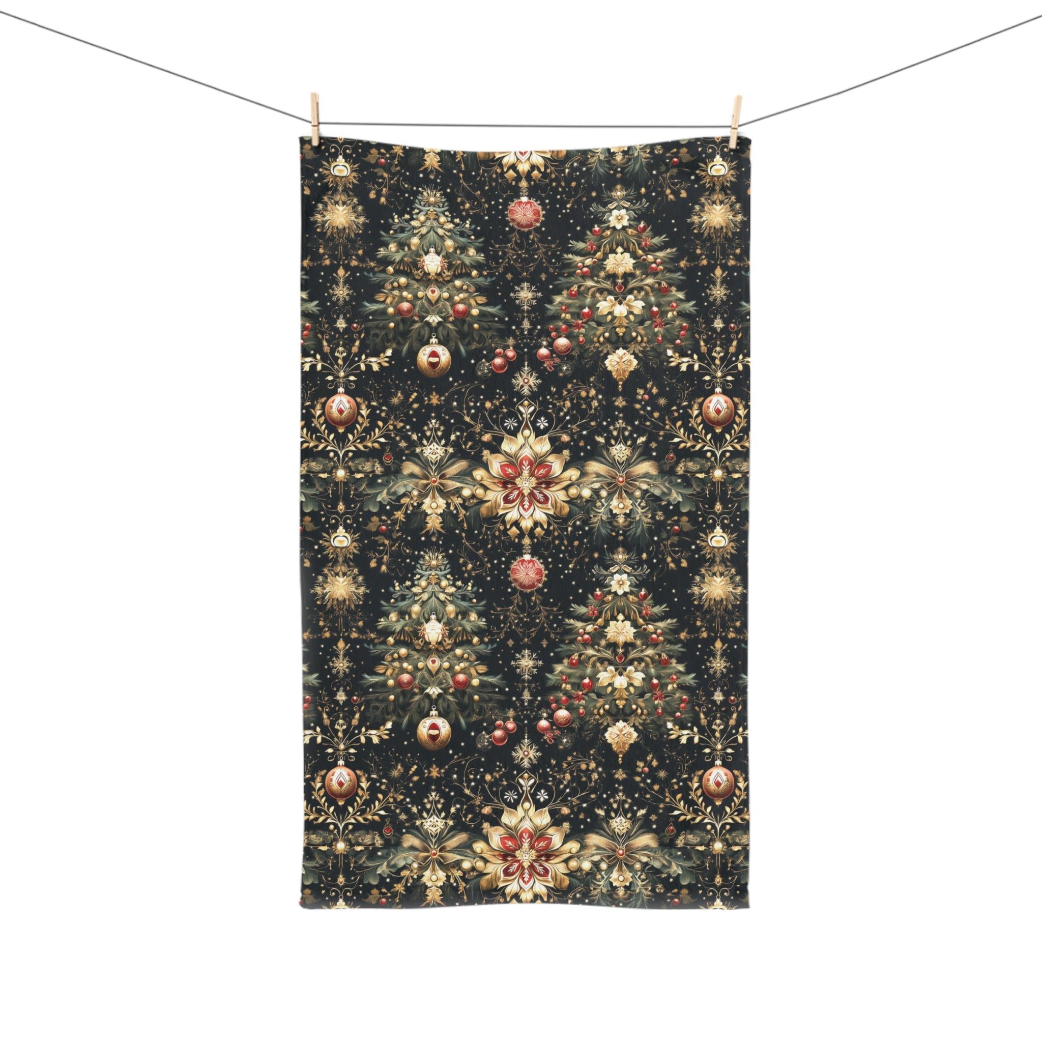 Christmas Tree Hand Towel: Luxe Gold Red & Green on Deep Charcoal Holiday Bath Decor