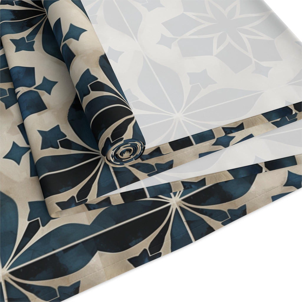 Moroccan Tile-Inspired Table Runner Geometric Pattern, Navy Blue Beige