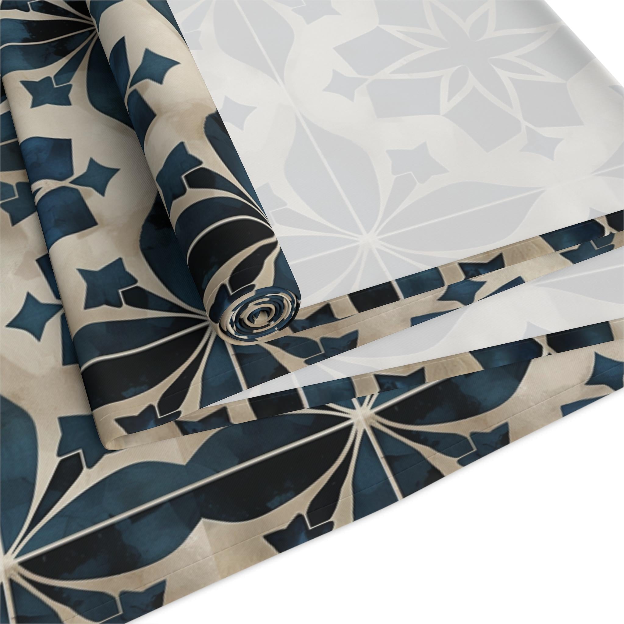 Moroccan Tile-Inspired Table Runner Geometric Pattern, Navy Blue Beige