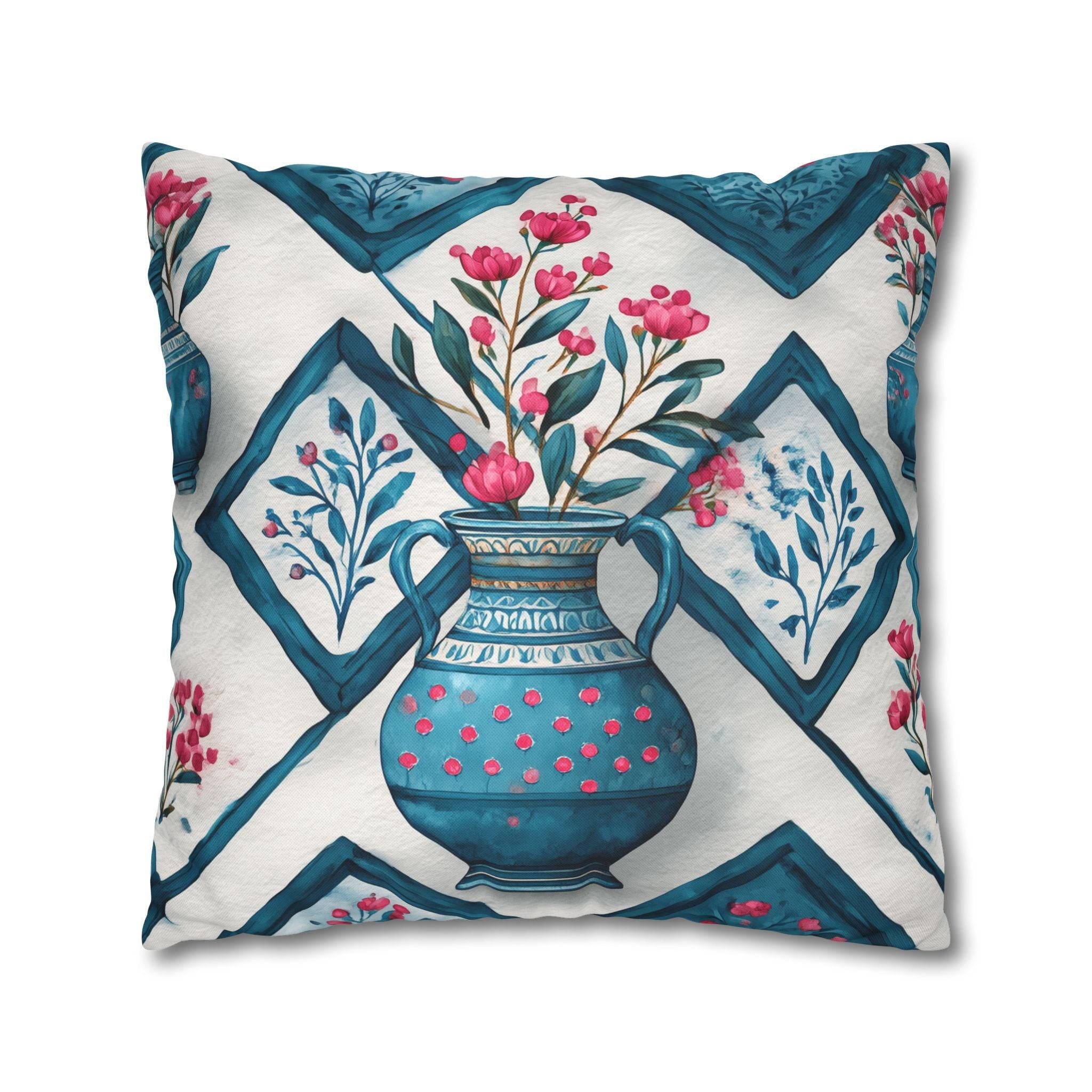 Watercolor Floral Vase Pillow Cover: Boho Home Decor, Teal, Pink