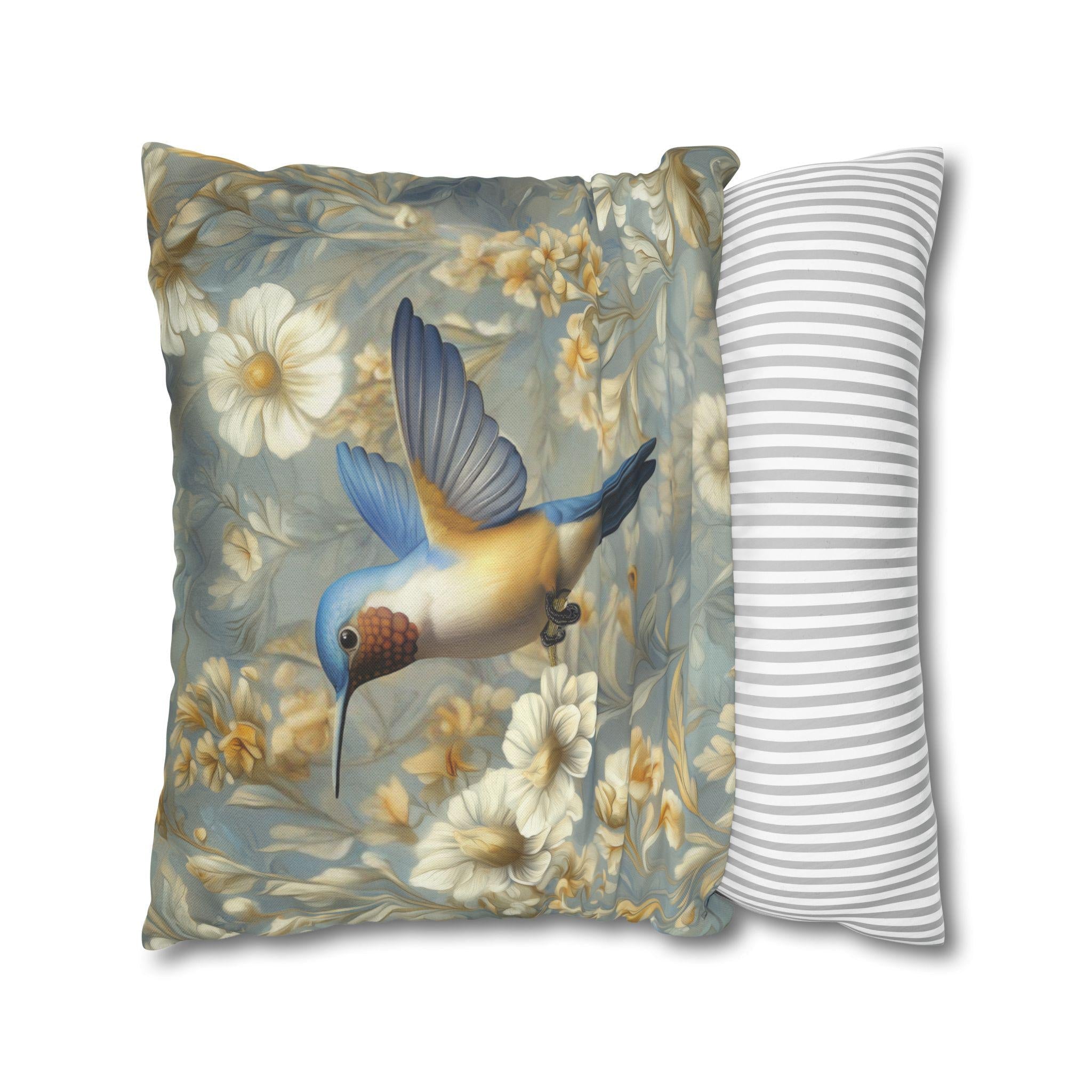William Morris Hummingbird Pillow Cover: Blue & Gold Arts and Crafts Botanical Cushion Case