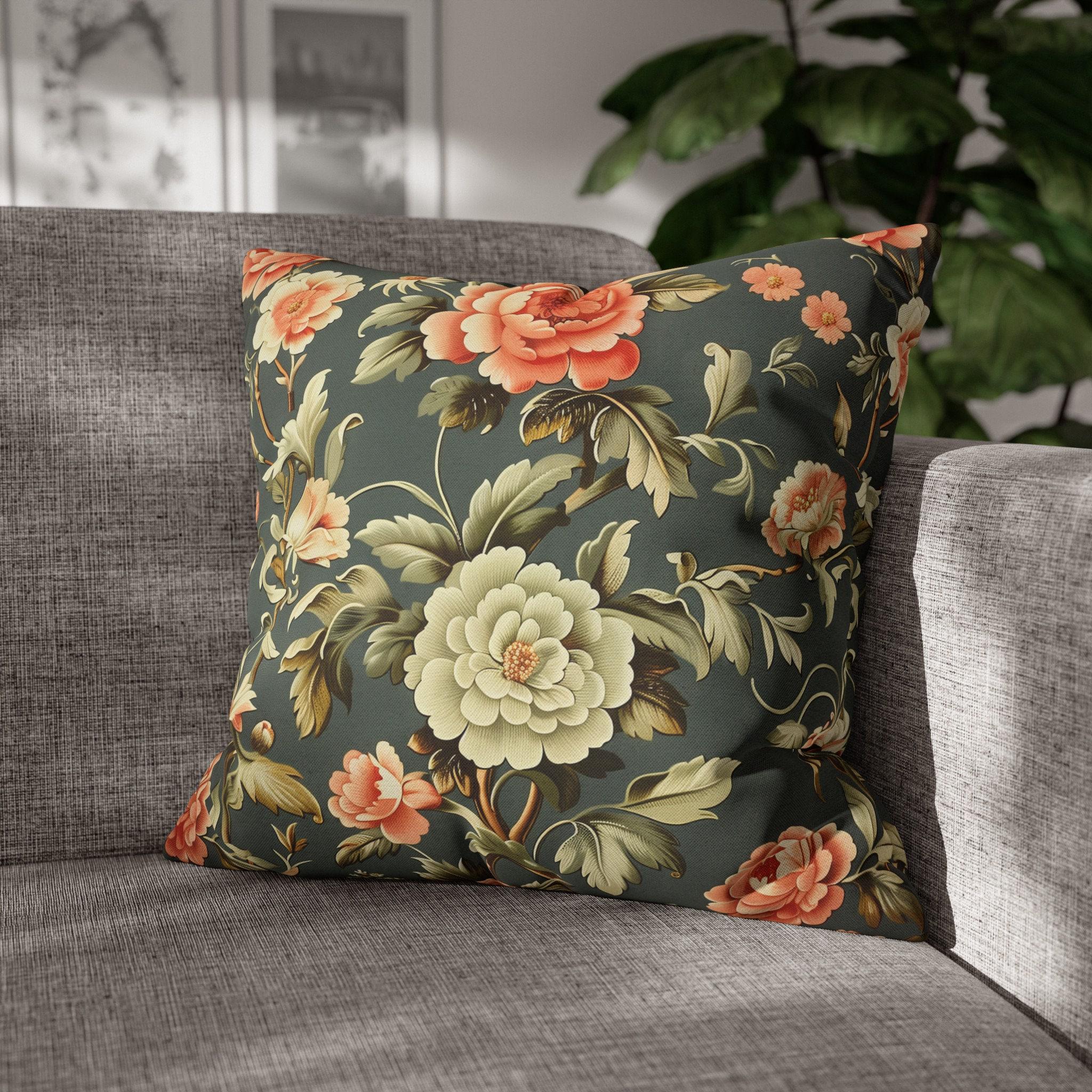 Vintage Style Floral Pillow Cover: Dark Green, Coral & Peach Peonies