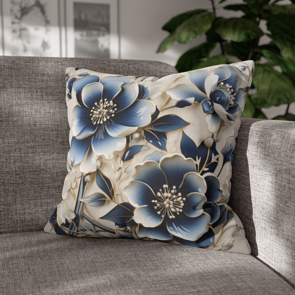 Elegant Chinoiserie Floral Pillow Cover: Blue & Off-White Eastern Motif Cushion for Home Decor