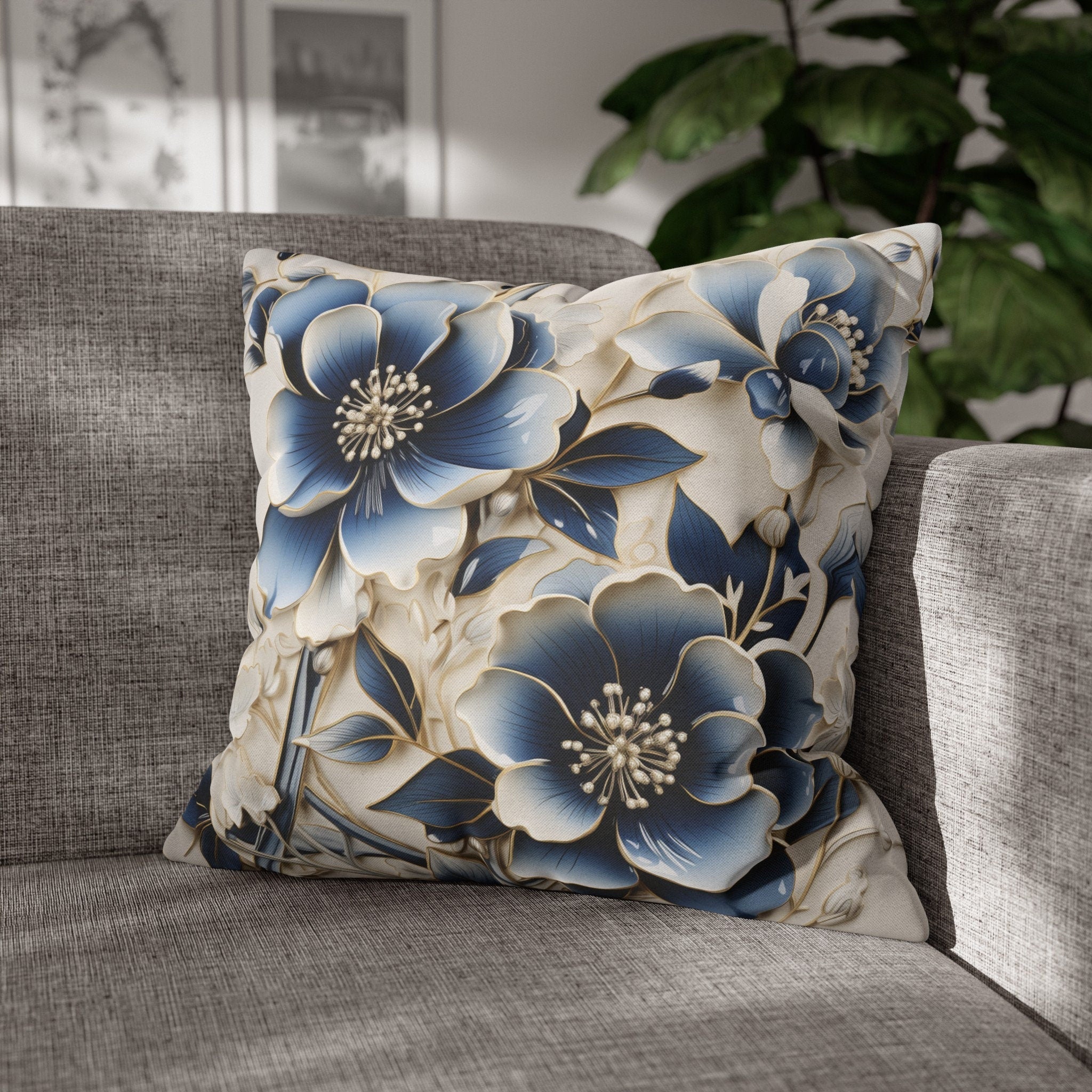 Elegant Chinoiserie Floral Pillow Cover: Blue & Off-White Eastern Motif Cushion for Home Decor