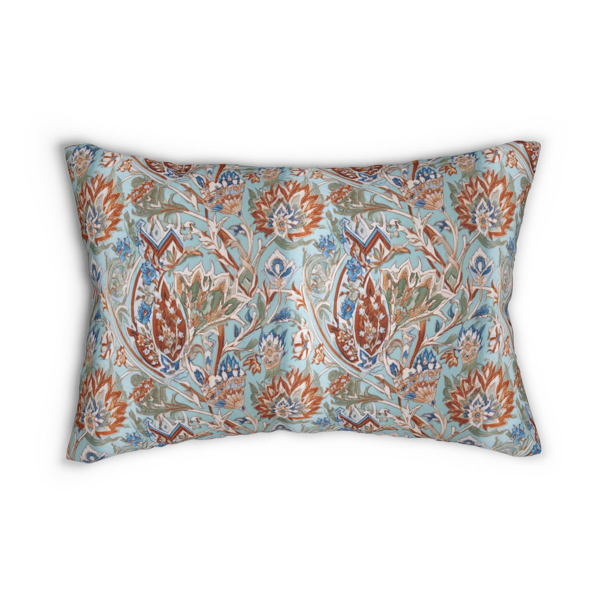 Ottoman Garden Lumbar Pillow: Iznik-Style Tulips, Aqua Ground, Global Sophistication
