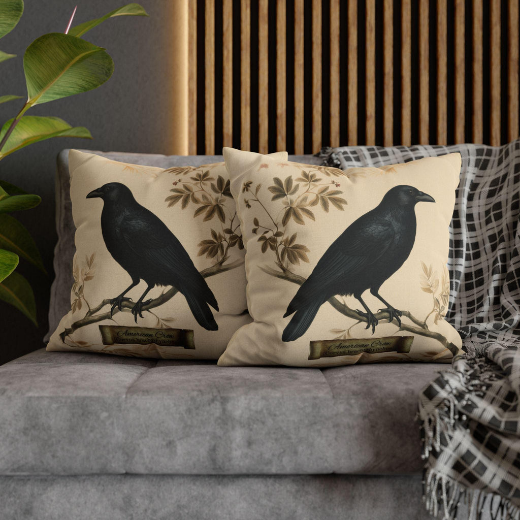 Halloween Crow Pillow Cover: Vintage Style Scientific Bird Illustration